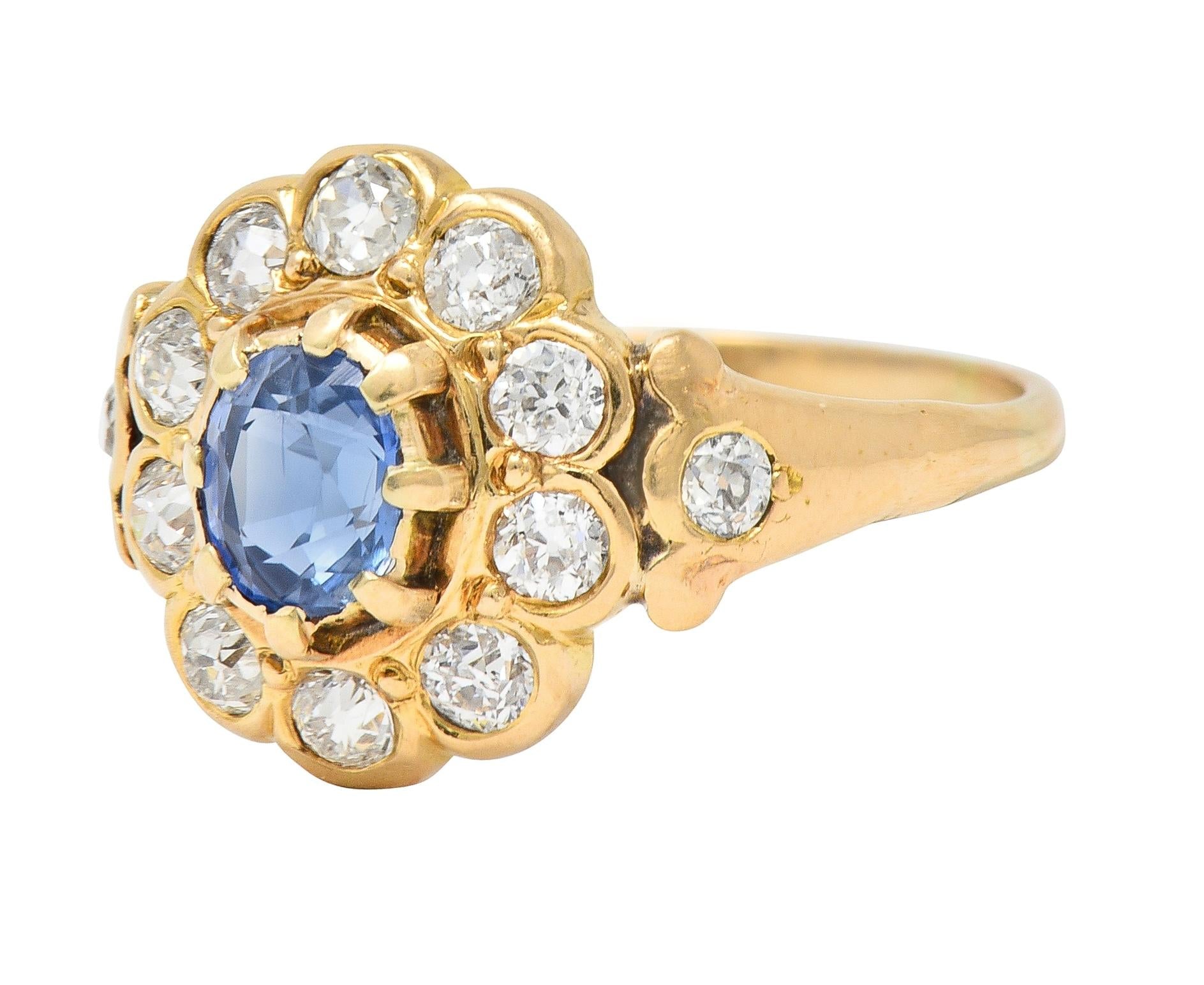 Victorian 1.37 CTW Sapphire Diamond 14 Karat Yellow Gold Antique Halo Ring