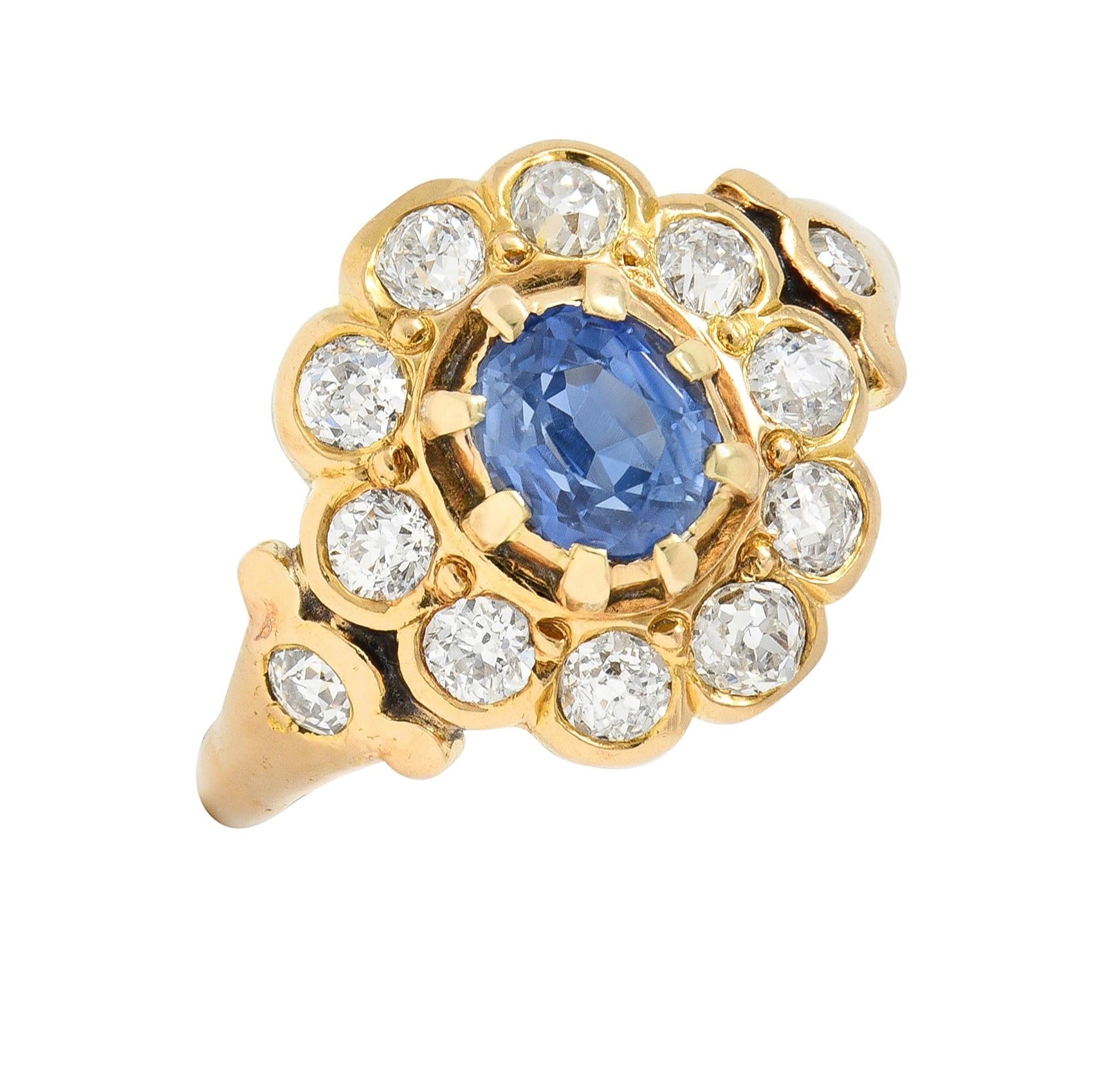 Victorian 1.37 CTW Sapphire Diamond 14 Karat Yellow Gold Antique Halo Ring