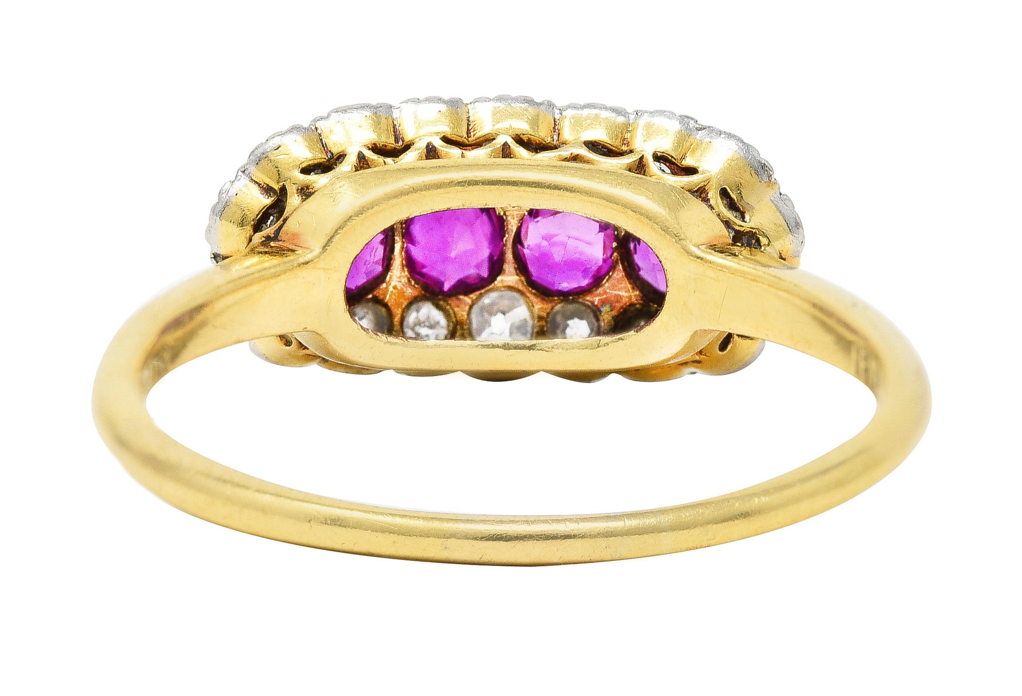 Edwardian 0.84 CTW Ruby Old European Cut Diamond Platinum-Topped 18 Karat Yellow Gold Antique Cluster Ring Wilson's Estate Jewelry