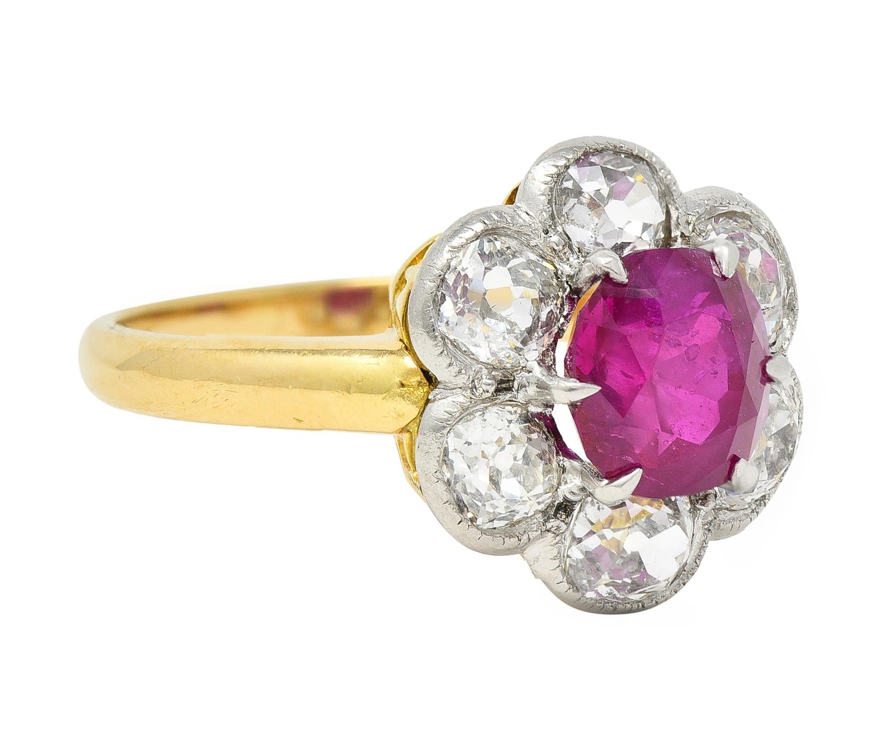 Edwardian 3.39 CTW No Heat Burma Ruby Diamond Platinum 18 Karat Cluster Ring GIA