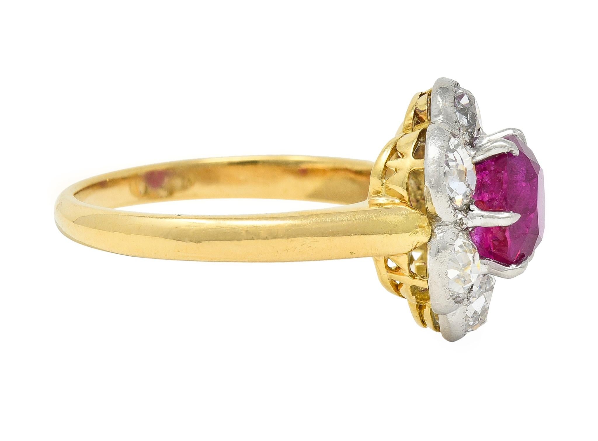 Edwardian 3.39 CTW No Heat Burma Ruby Diamond Platinum 18 Karat Cluster Ring GIA