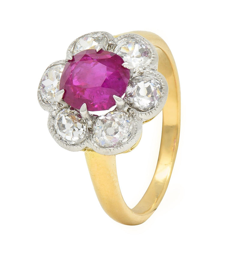 Edwardian 3.39 CTW No Heat Burma Ruby Diamond Platinum 18 Karat Cluster Ring GIA