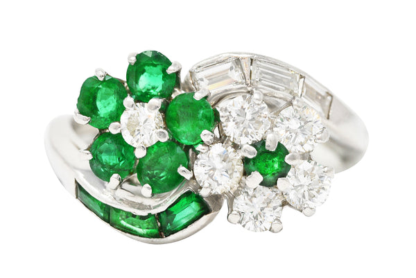 Mid-Century 1.75 CTW Emerald Diamond Platinum Floral Vintage Bypass Ring Wilson's Estate Jewelry