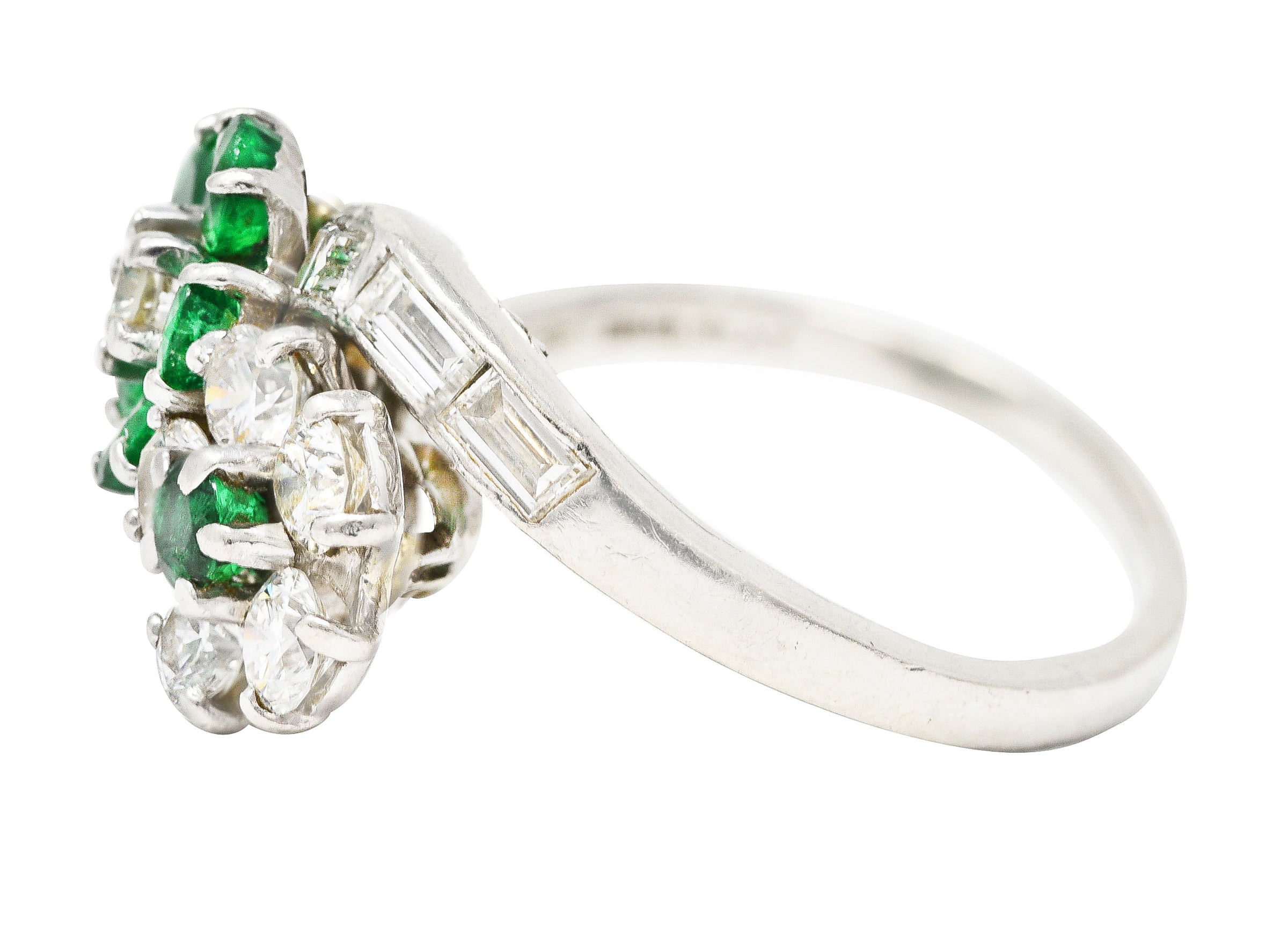 Mid-Century 1.75 CTW Emerald Diamond Platinum Floral Vintage Bypass Ring Wilson's Estate Jewelry