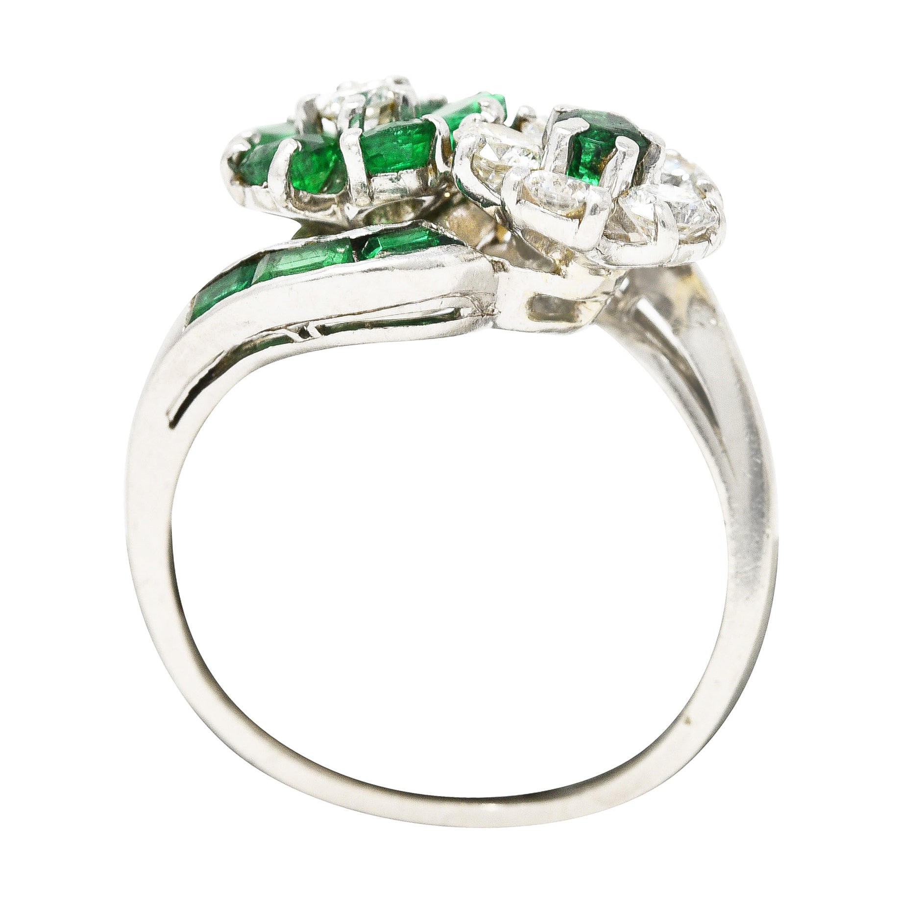 Mid-Century 1.75 CTW Emerald Diamond Platinum Floral Vintage Bypass Ring Wilson's Estate Jewelry