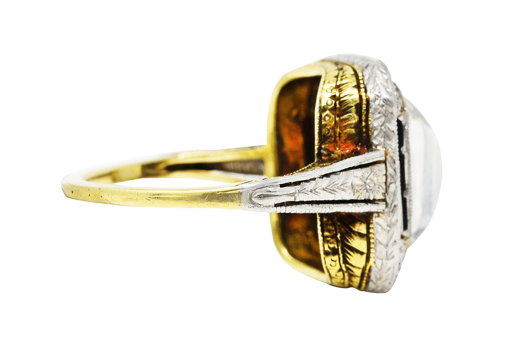 Art Deco Diamond Onyx Moonstone Platinum-Topped 18 Karat Yellow Gold Wheat Ring Wilson's Estate Jewelry