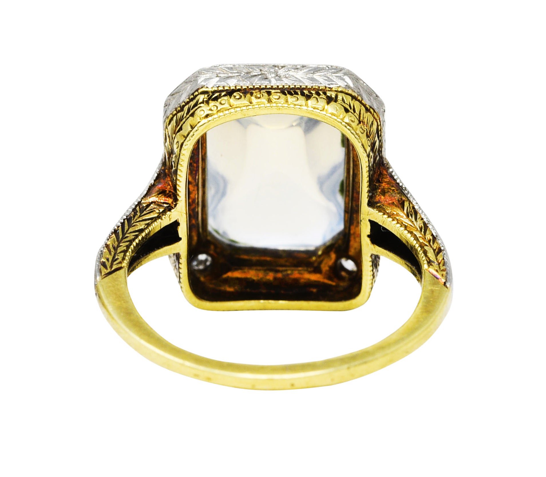 Art Deco Diamond Onyx Moonstone Platinum-Topped 18 Karat Yellow Gold Wheat Ring Wilson's Estate Jewelry