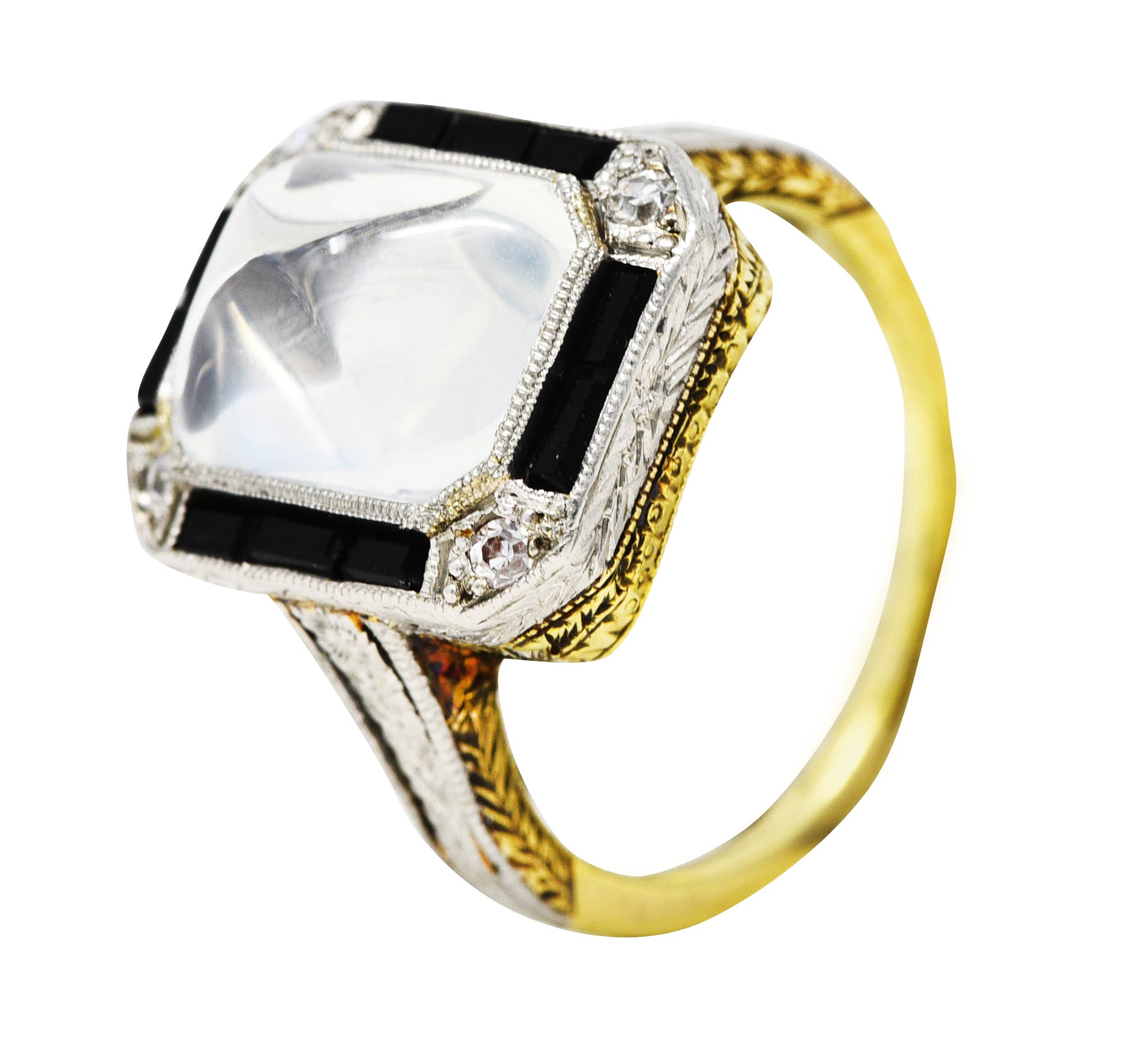 Art Deco Diamond Onyx Moonstone Platinum-Topped 18 Karat Yellow Gold Wheat Ring Wilson's Estate Jewelry