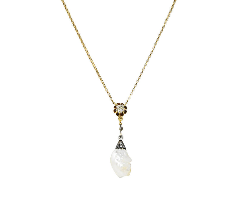 1880's Victorian Baroque Pearl 0.25 CTW Diamond Silver 14 Karat Yellow Gold Drop Necklace Wilson's Estate Jewelry
