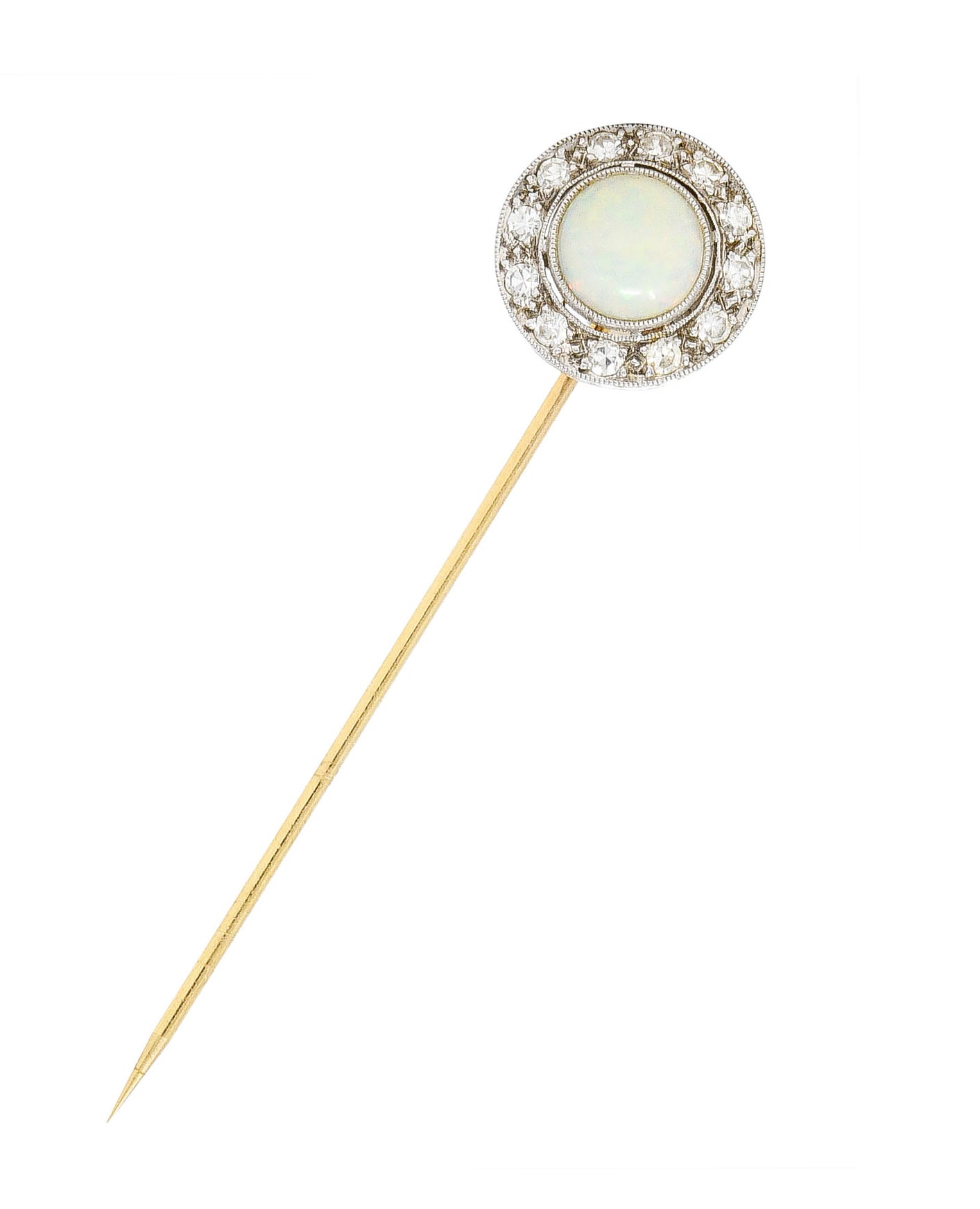 Edwardian Opal Diamond Platinum 14 Karat Gold Stickpin Wilson's Estate Jewelry