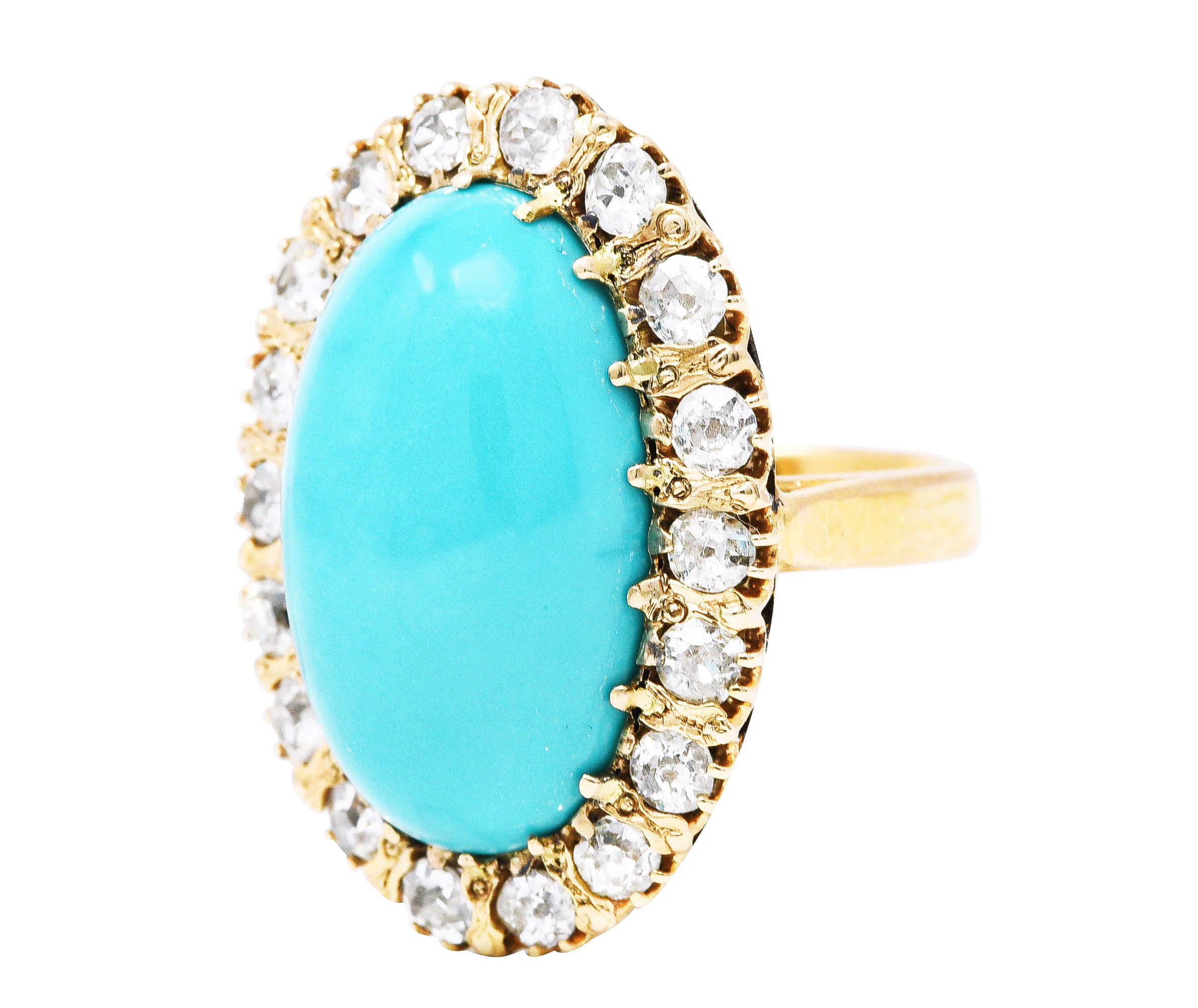 Victorian 1.43 CTW Old European Old Mine Diamond Turquoise 18 Karat Yellow Gold Cluster Antique Ring Wilson's Estate Jewelry