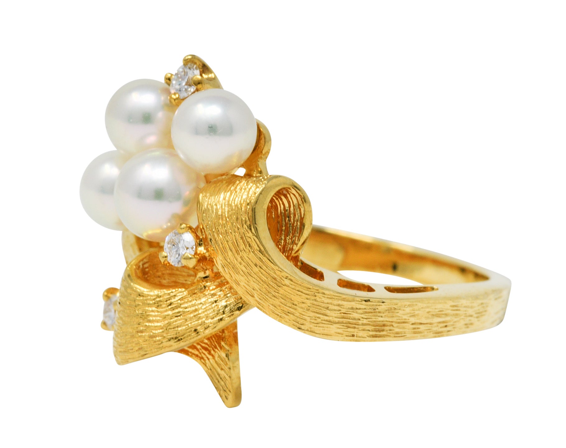 Mikimoto Diamond Pearl 18 Karat Gold Ribbon RingRing - Wilson's Estate Jewelry