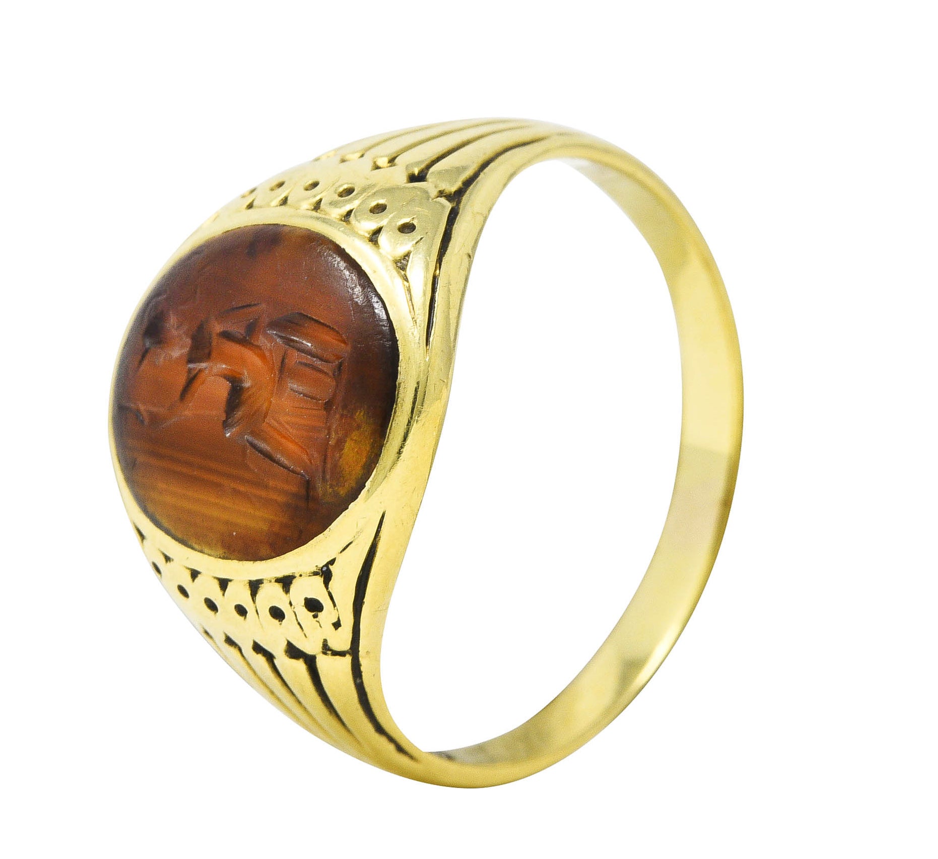 Art Deco Egyptian Revival Banded Agate 14 Karat Yellow Gold Pharaoh Intaglio Unisex Signet Ring Wilson's Estate Jewelry