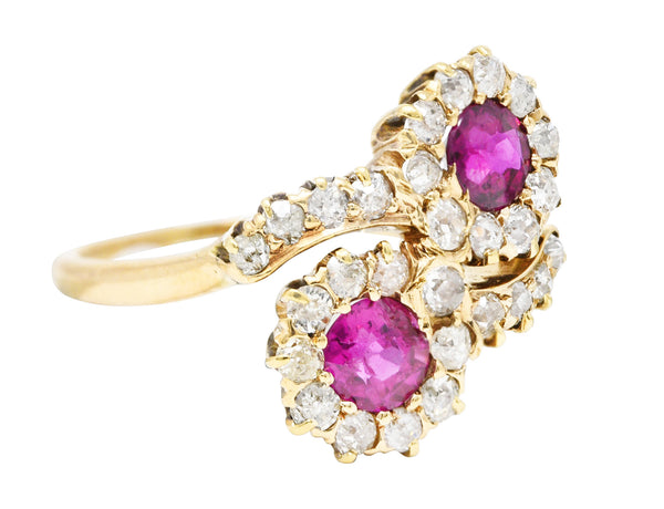 Victorian 1.76 CTW Ruby Diamond 14 Karat Yellow Gold Toi Et Moi Antique Bypass Cluster Ring Wilson's Estate Jewelry