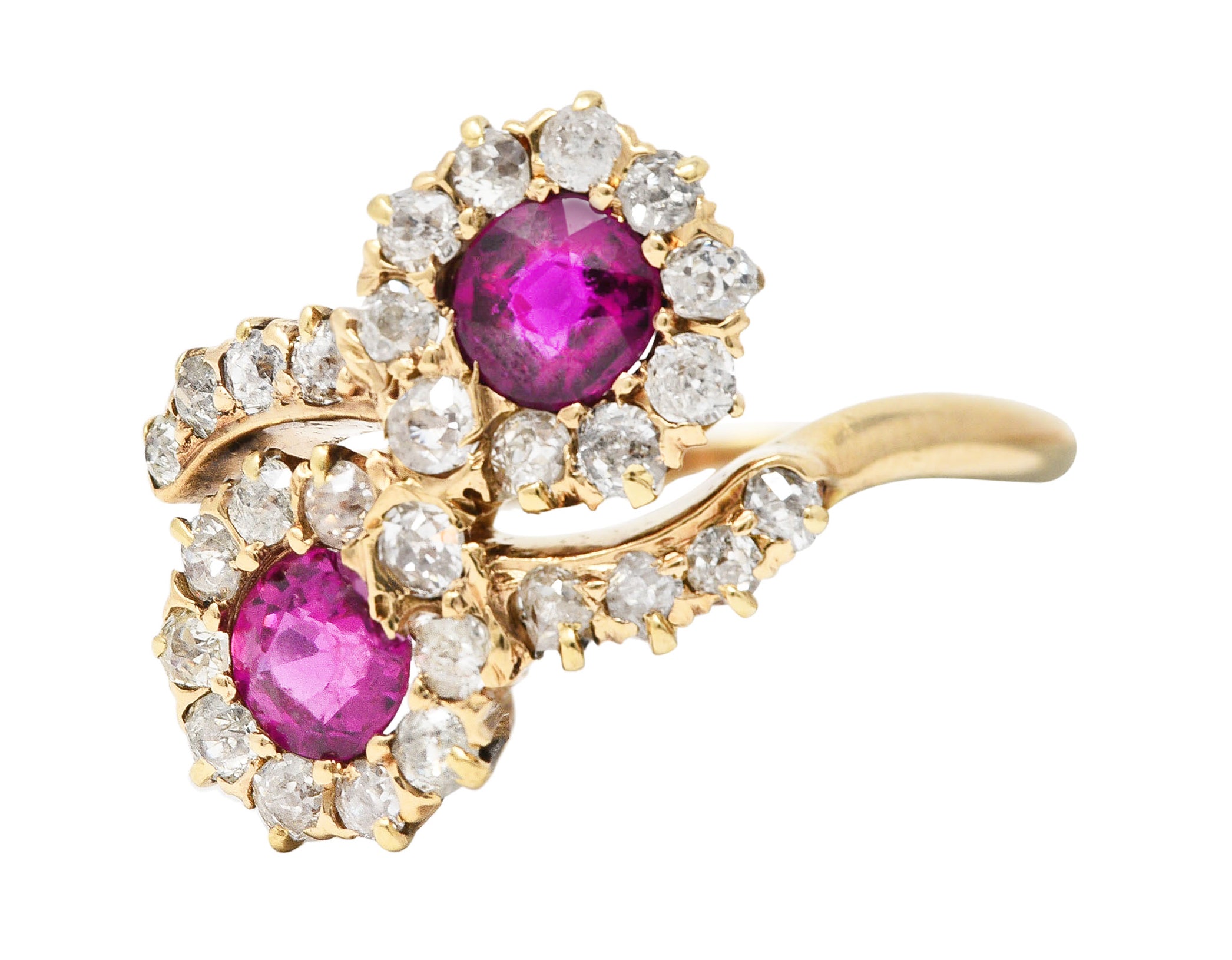 Victorian 1.76 CTW Ruby Diamond 14 Karat Yellow Gold Toi Et Moi Antique Bypass Cluster Ring Wilson's Estate Jewelry