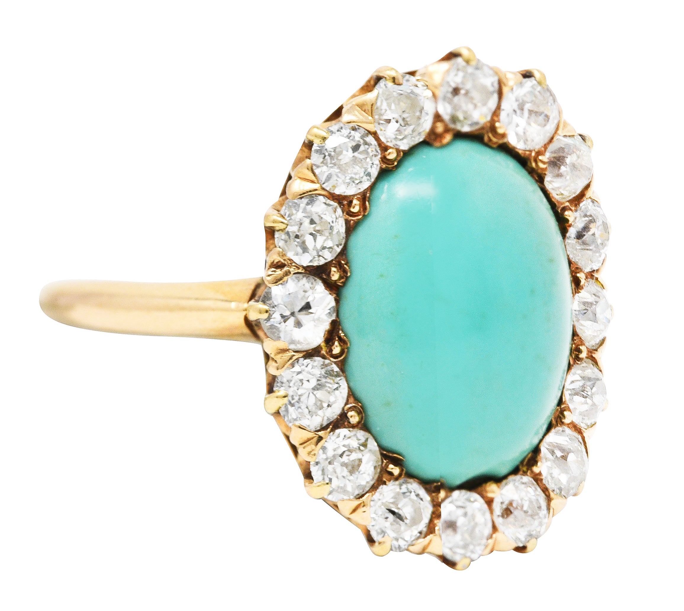 Victorian 1.04 CTW Old European Cut Diamond Turquoise Cabochon 14 Karat Yellow Gold Antique Halo Ring Wilson's Estate Jewelry