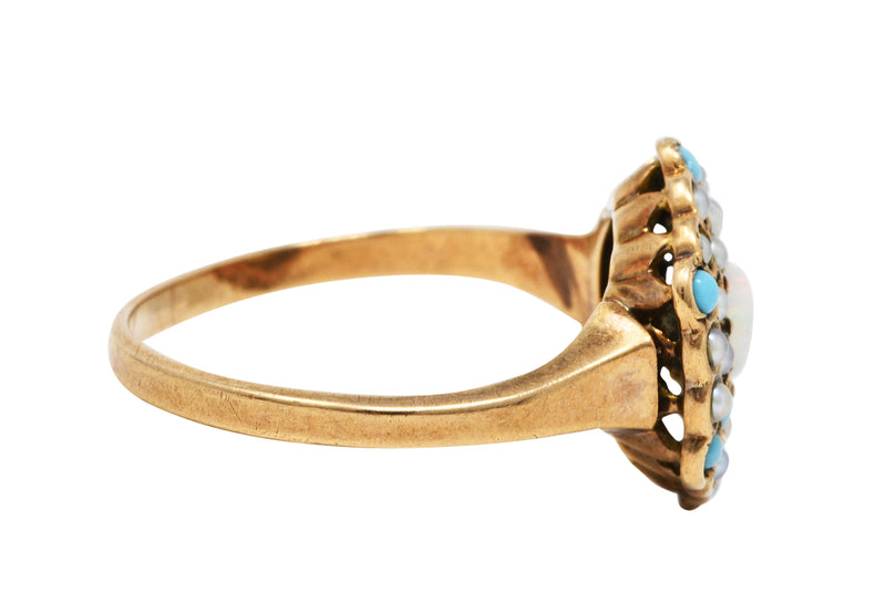 Victorian Opal Turquoise Seed Pearl 14 Karat Gold Cluster RingRing - Wilson's Estate Jewelry