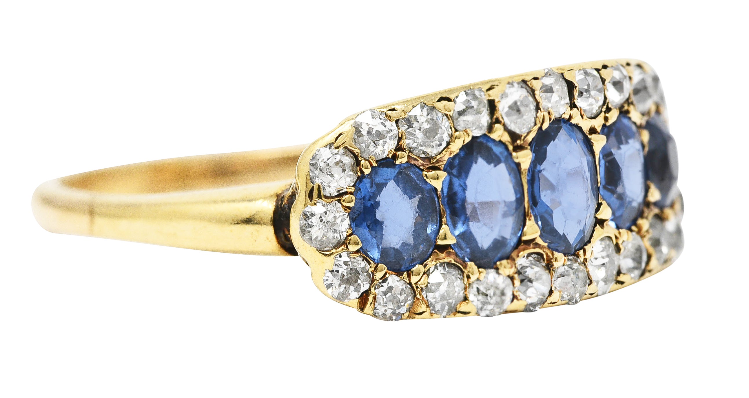 Victorian 1.82 CTW Sapphire Old European Cut Diamond 14 Karat Yellow Gold Antique Five Stone Halo Ring Wilson's Estate Jewelry