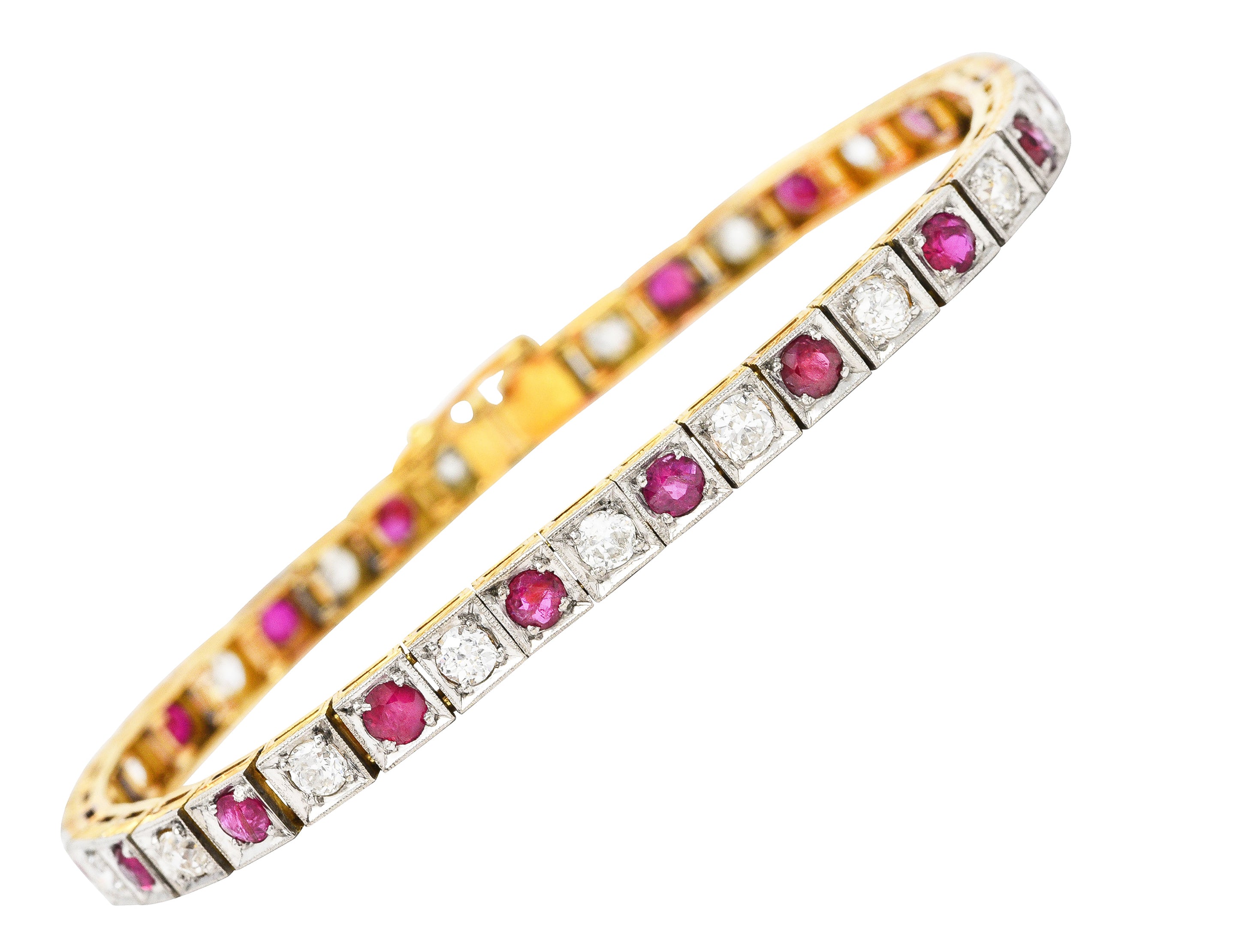 Edwardian 5.32 CTW Ruby Diamond Platinum-Topped 18 Karat Yellow Gold Milgrain Antique Line Bracelet Wilson's Estate Jewelry