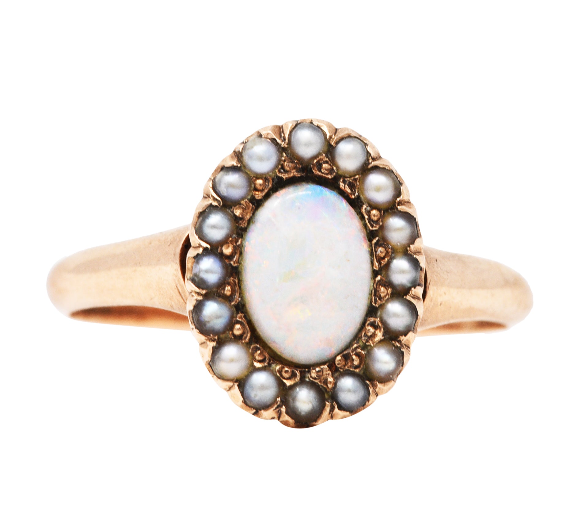 1900 Victorian Opal Seed Pearl 14 Karat Rose Gold Cluster RingRing - Wilson's Estate Jewelry