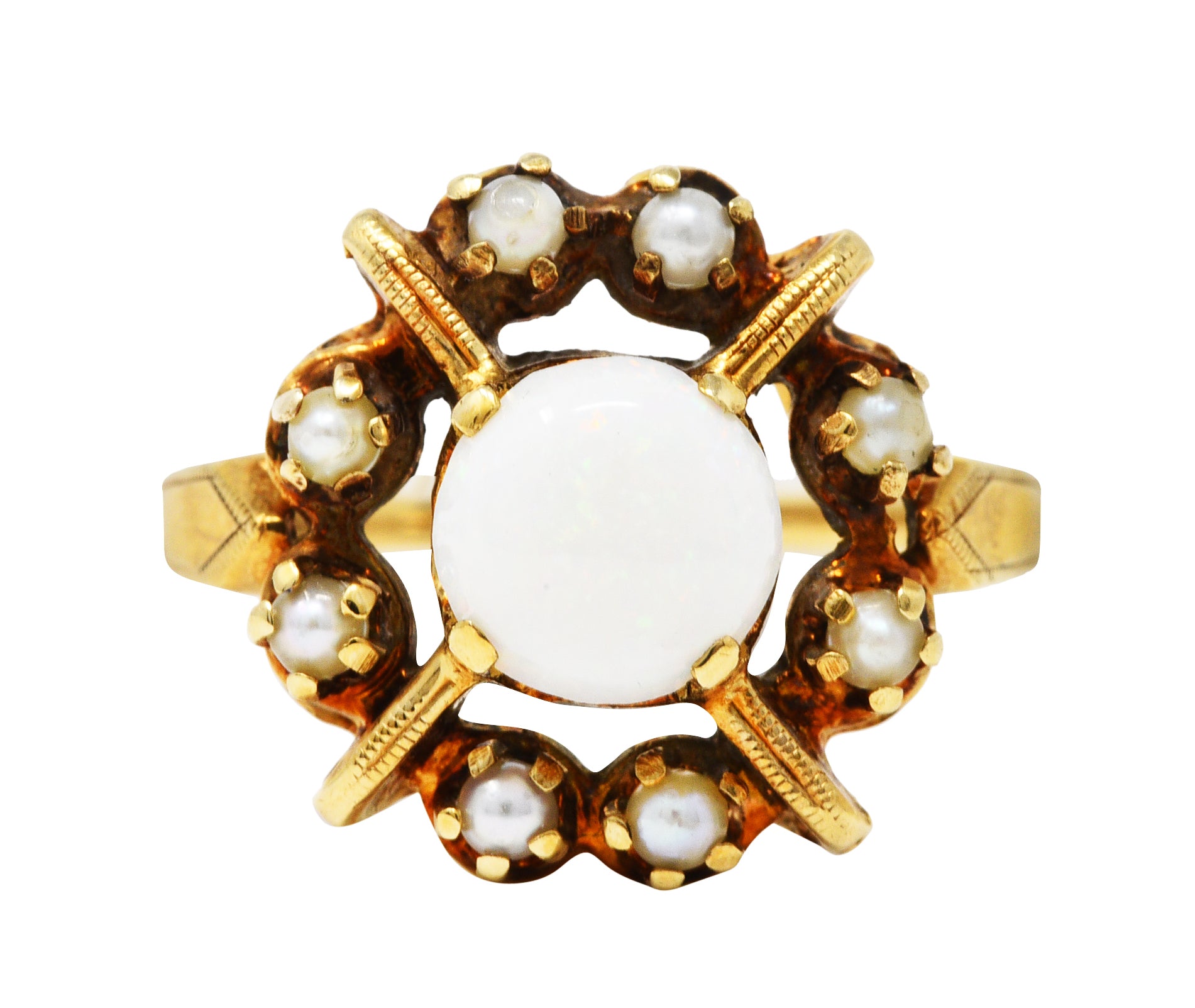 Early Art Deco Opal Pearl 14 Karat Gold X Cluster RingRing - Wilson's Estate Jewelry