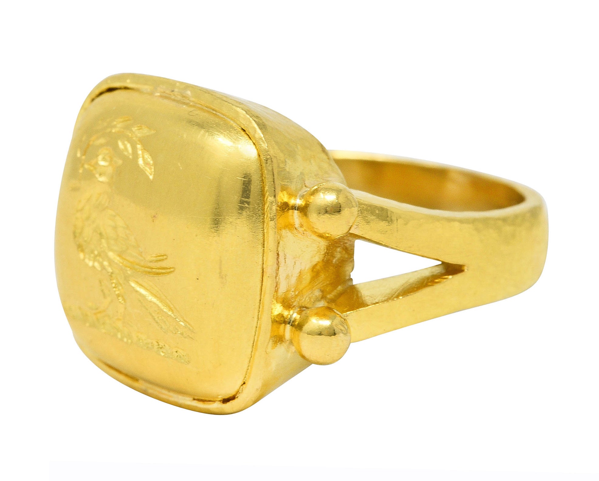 Elizabeth Locke Vintage 19 Karat Gold Pheasant Olive Branch Bird Intaglio Signet Ring Wilson's Estate Jewelry