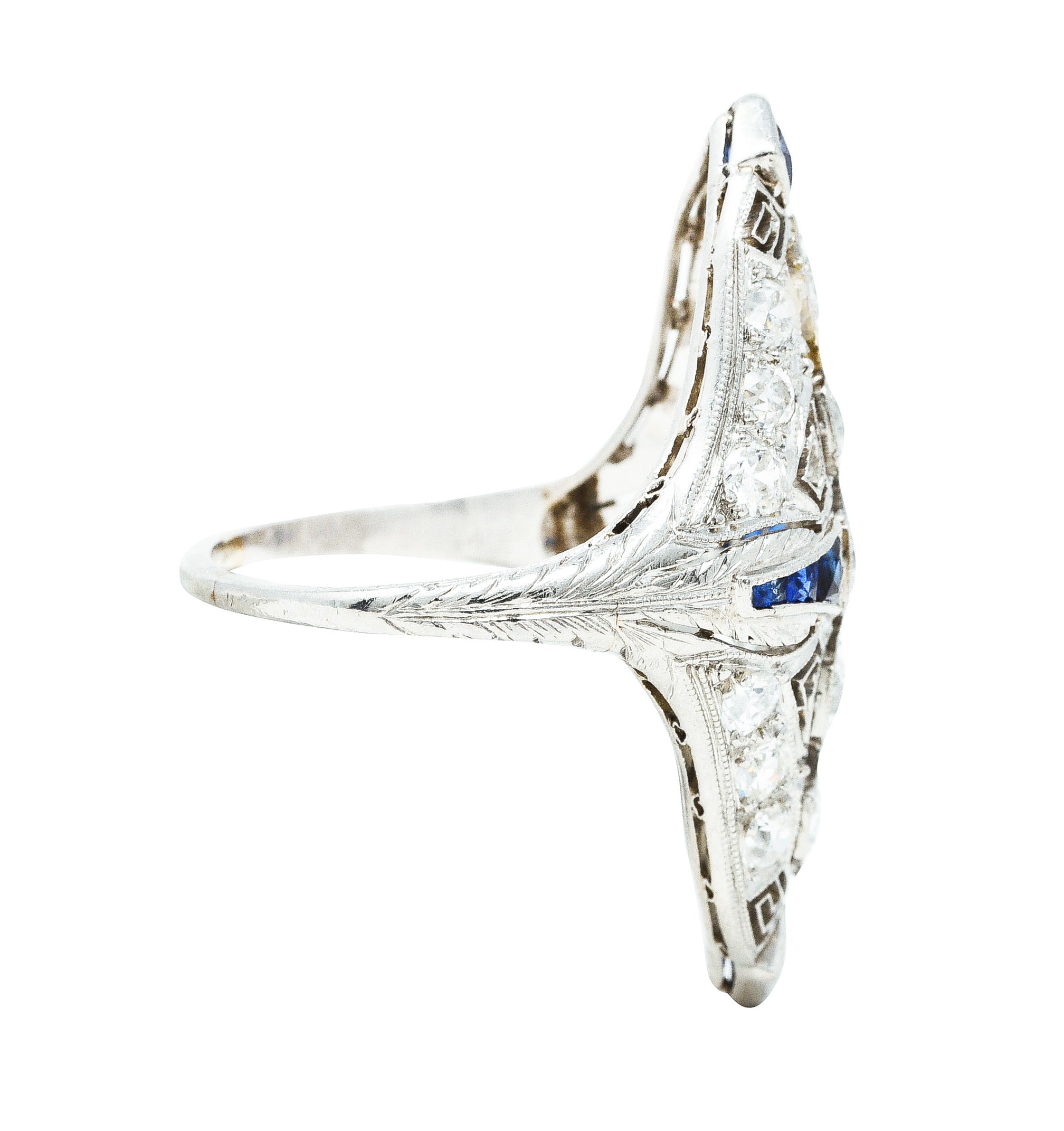 1930's Art Deco Sapphire Diamond Platinum Navette Dinner Ring Wilson's Estate Jewelry