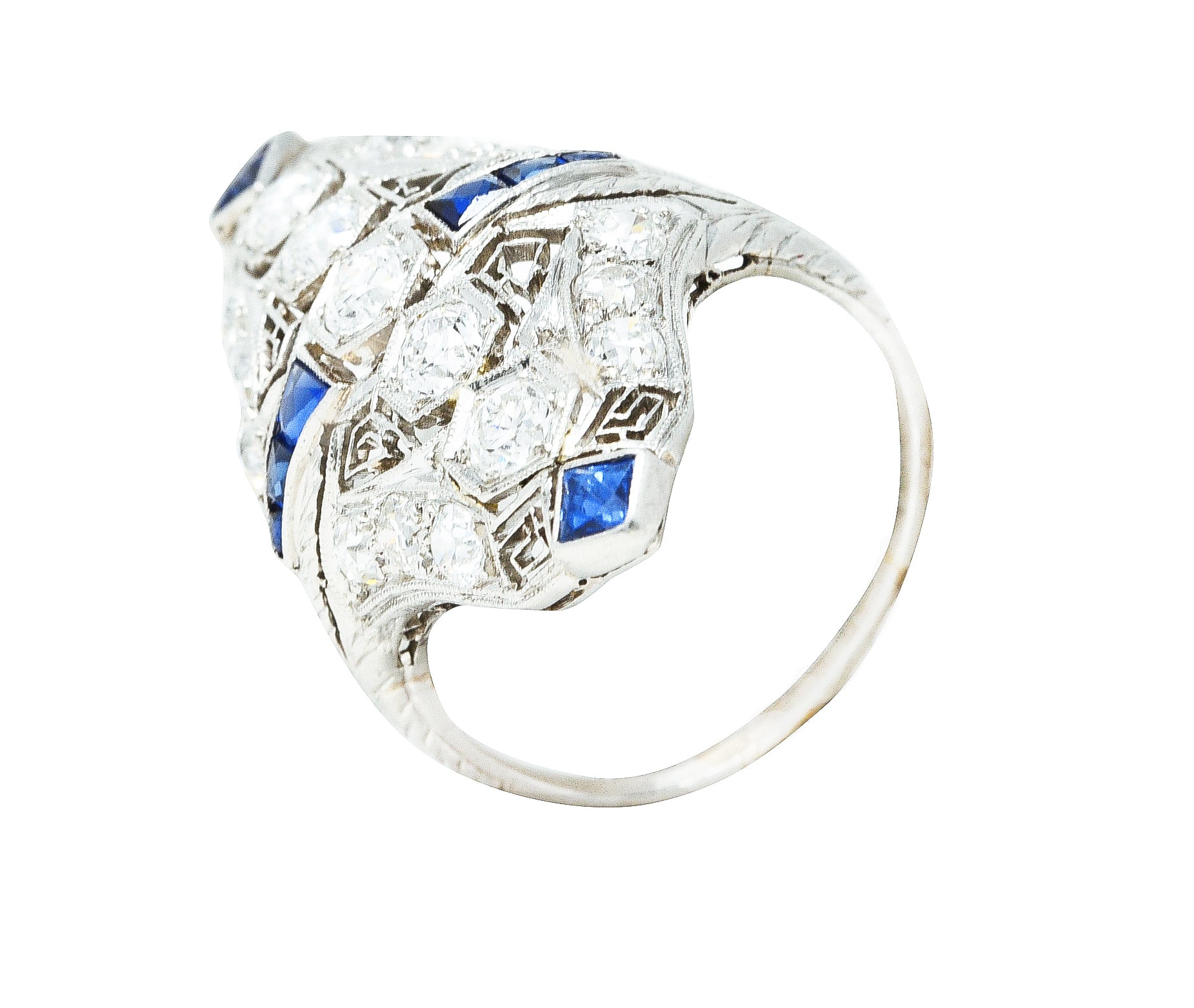 1930's Art Deco Sapphire Diamond Platinum Navette Dinner Ring Wilson's Estate Jewelry