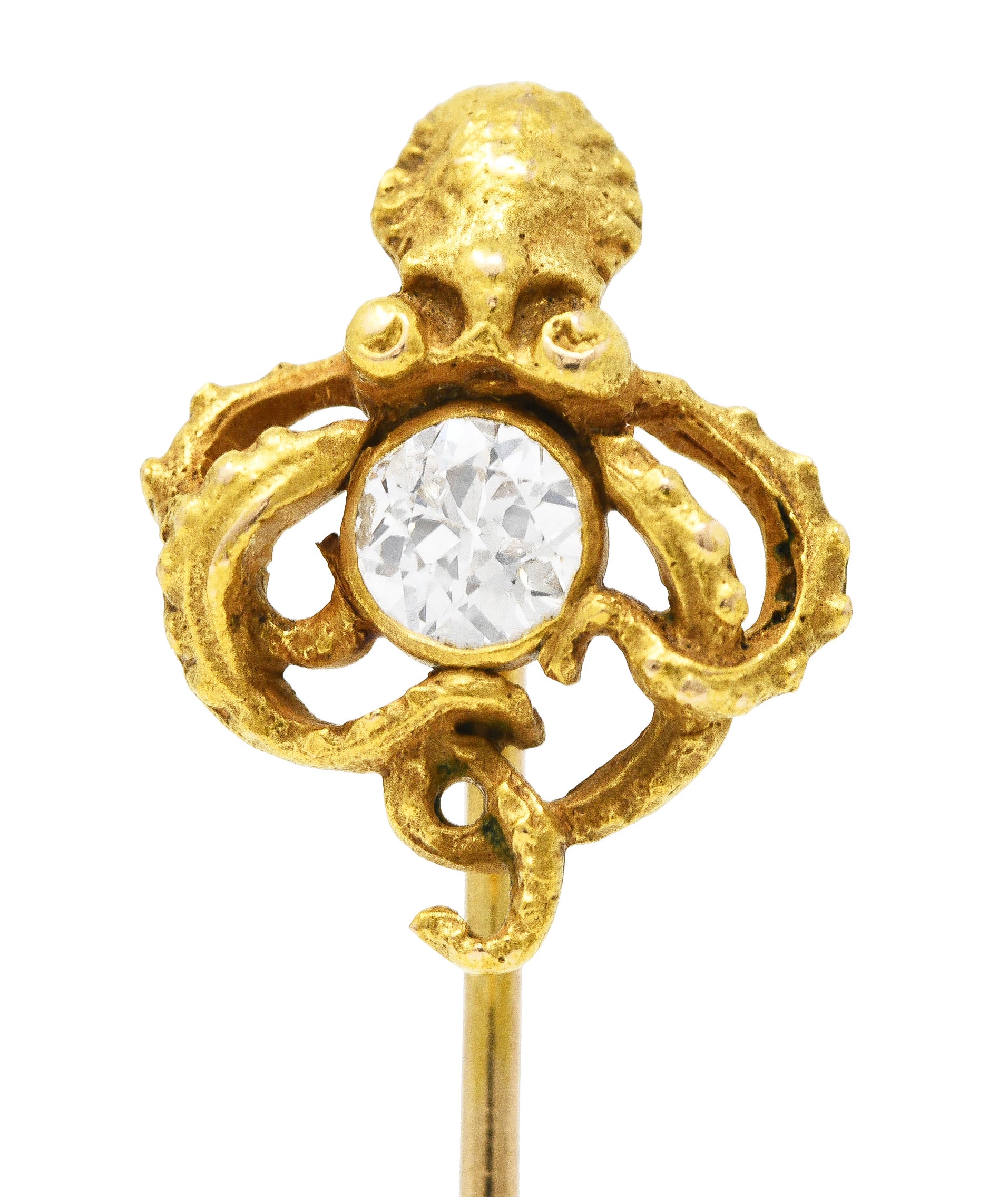 Art Nouveau Old European Cut Diamond 14 Karat Gold Octopus Antique Huger Stickpin Wilson's Estate Jewelry