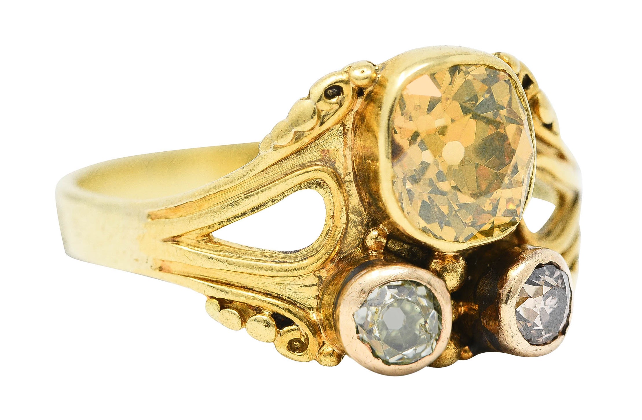 Arts & Crafts 1.38 CTW Fancy Colored Old Mine & European Cut Diamond 14 Karat Yellow Gold Antique Three Stone Ring Wilson's Estate Jewelry