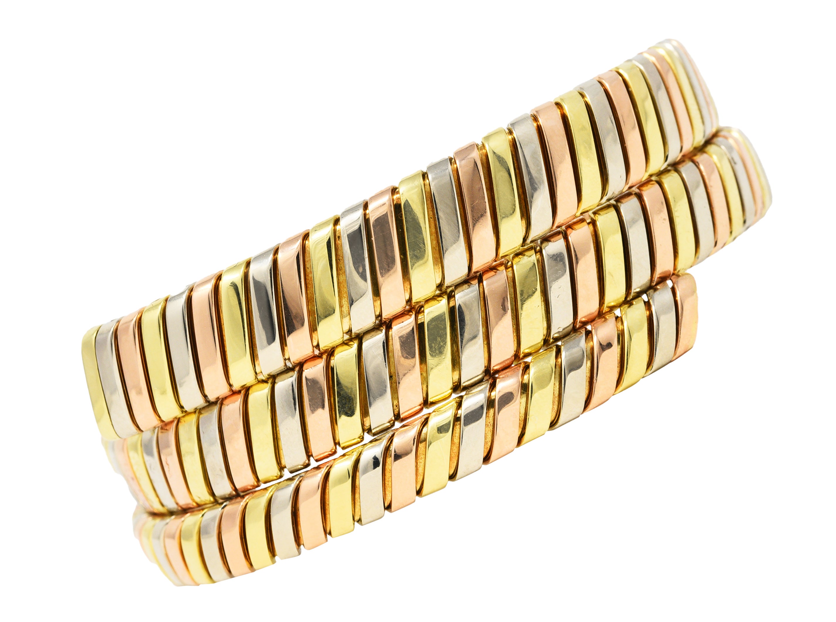 Bulgari 18 Karat Tri-Colored Yellow White Rose Gold Tubogas Serpenti Vintage Bracelet Wilson's Estate Jewelry