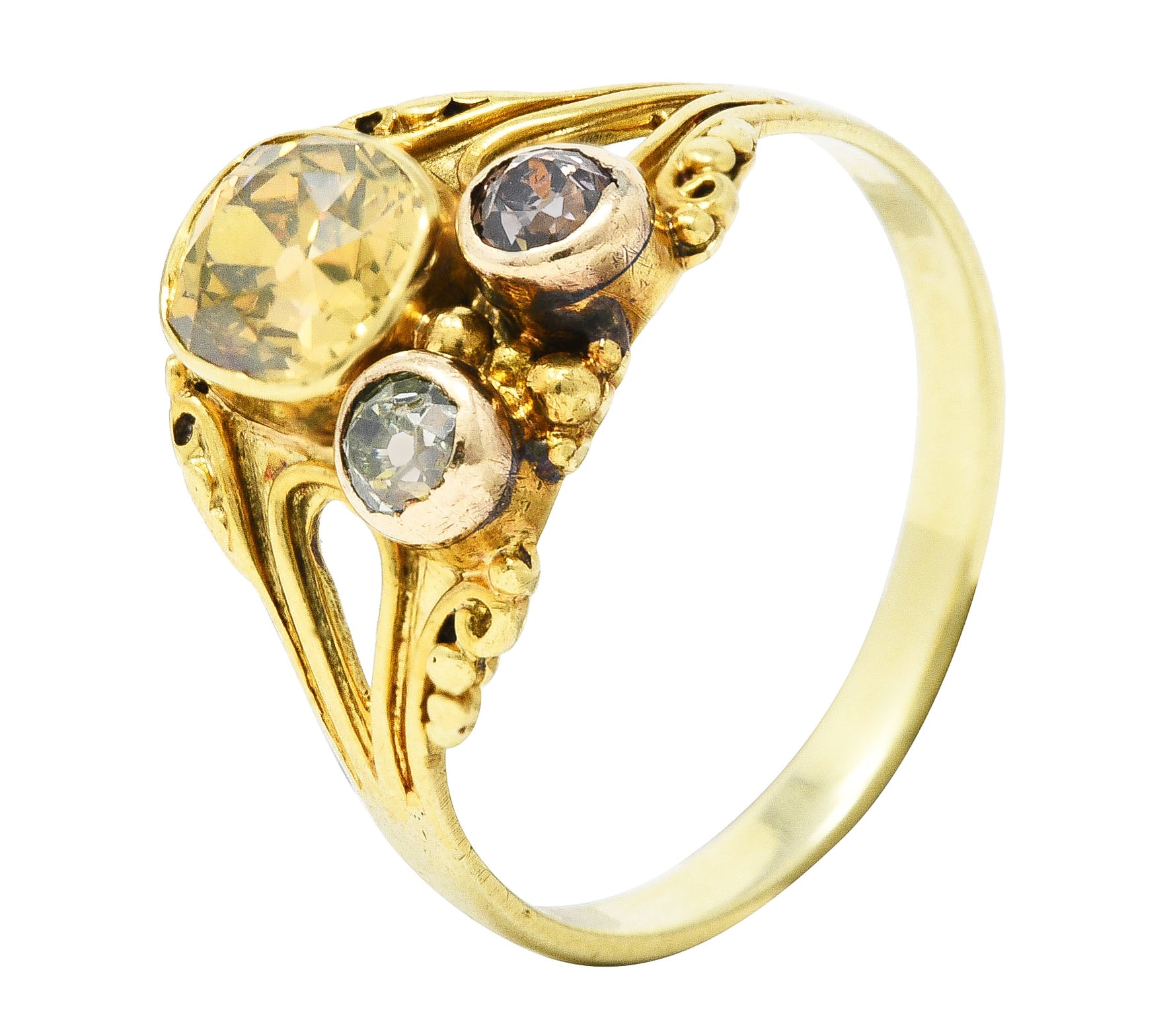 Arts & Crafts 1.38 CTW Fancy Colored Old Mine & European Cut Diamond 14 Karat Yellow Gold Antique Three Stone Ring Wilson's Estate Jewelry