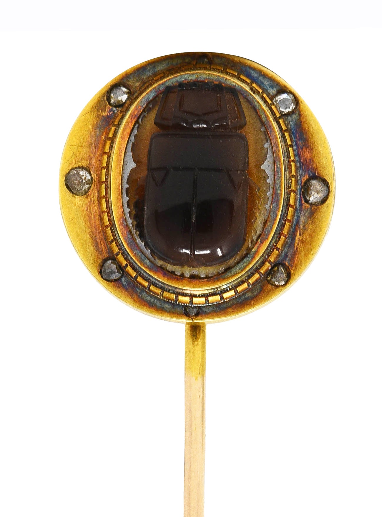 French Victorian Egyptian Revival Diamond Agate 18 Karat Yellow Gold Scarab Beetle Stickpin Wilson's Estate Jewelry