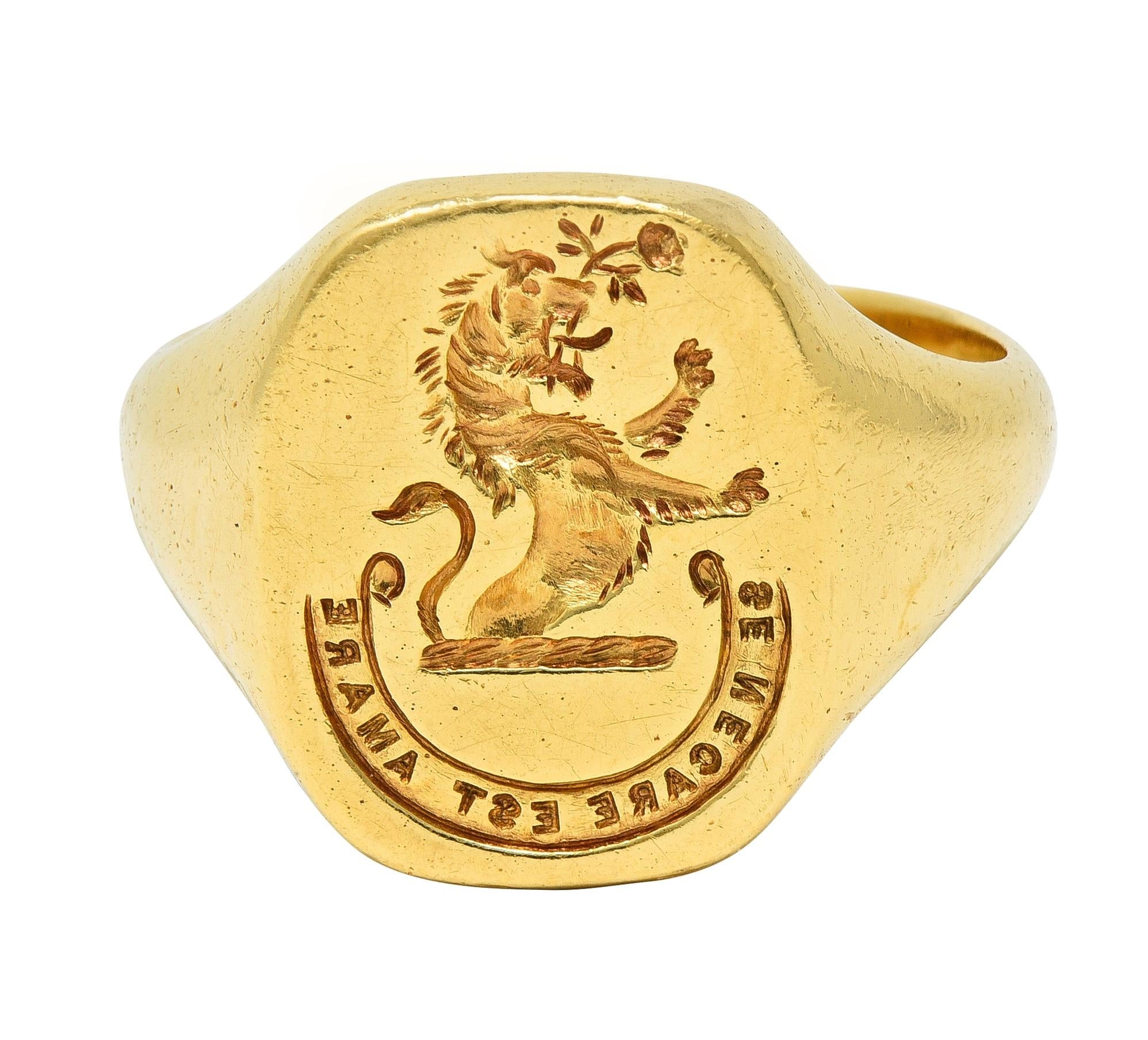 Vintage 1959 18 Karat Yellow Gold Heraldic Lion Intaglio Men's Signet Ring