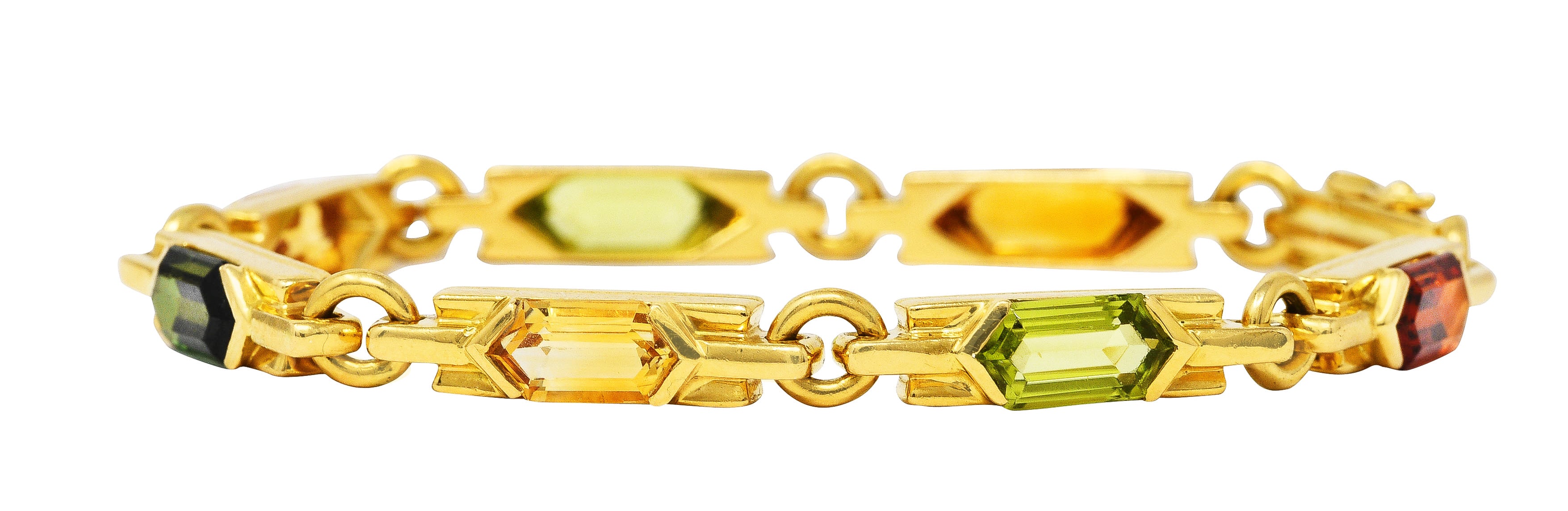 1980's Bulgari Peridot Citrine Green Tourmaline 18 Karat Yellow Gold Vintage Italian Gemstone Bracelet Wilson's Estate Jewelry