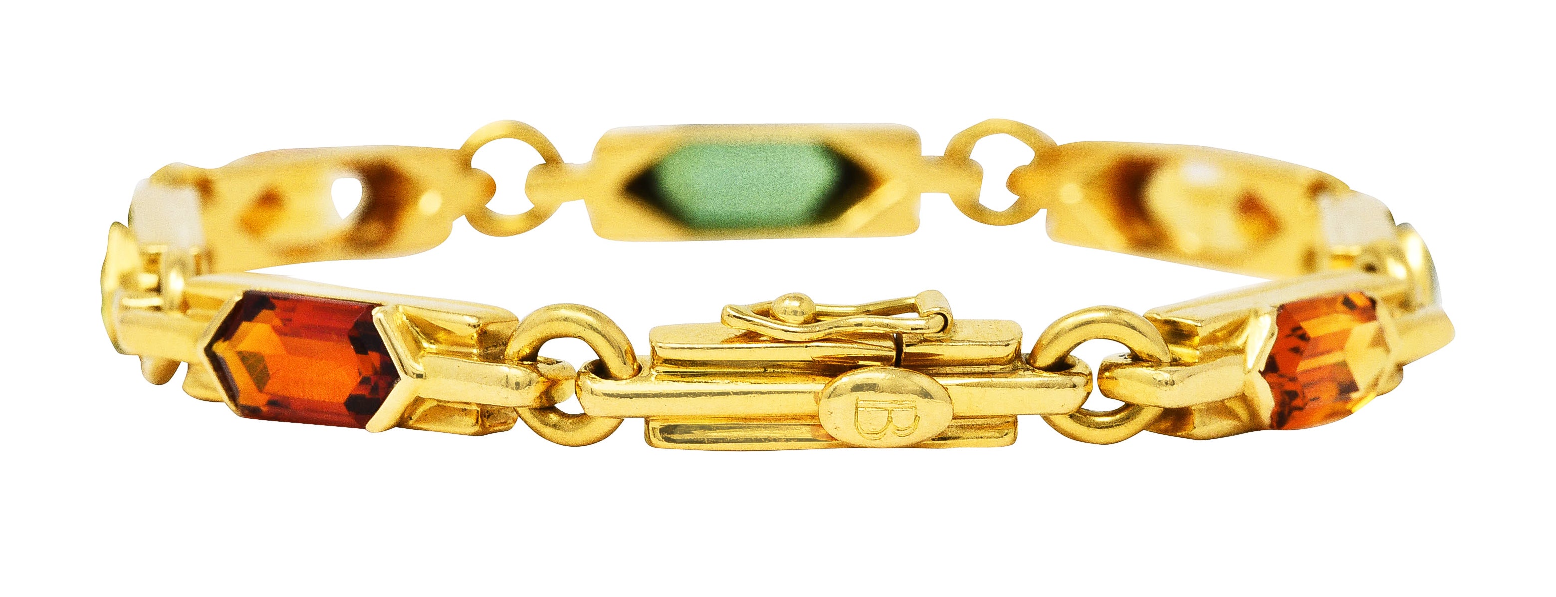 1980's Bulgari Peridot Citrine Green Tourmaline 18 Karat Yellow Gold Vintage Italian Gemstone Bracelet Wilson's Estate Jewelry