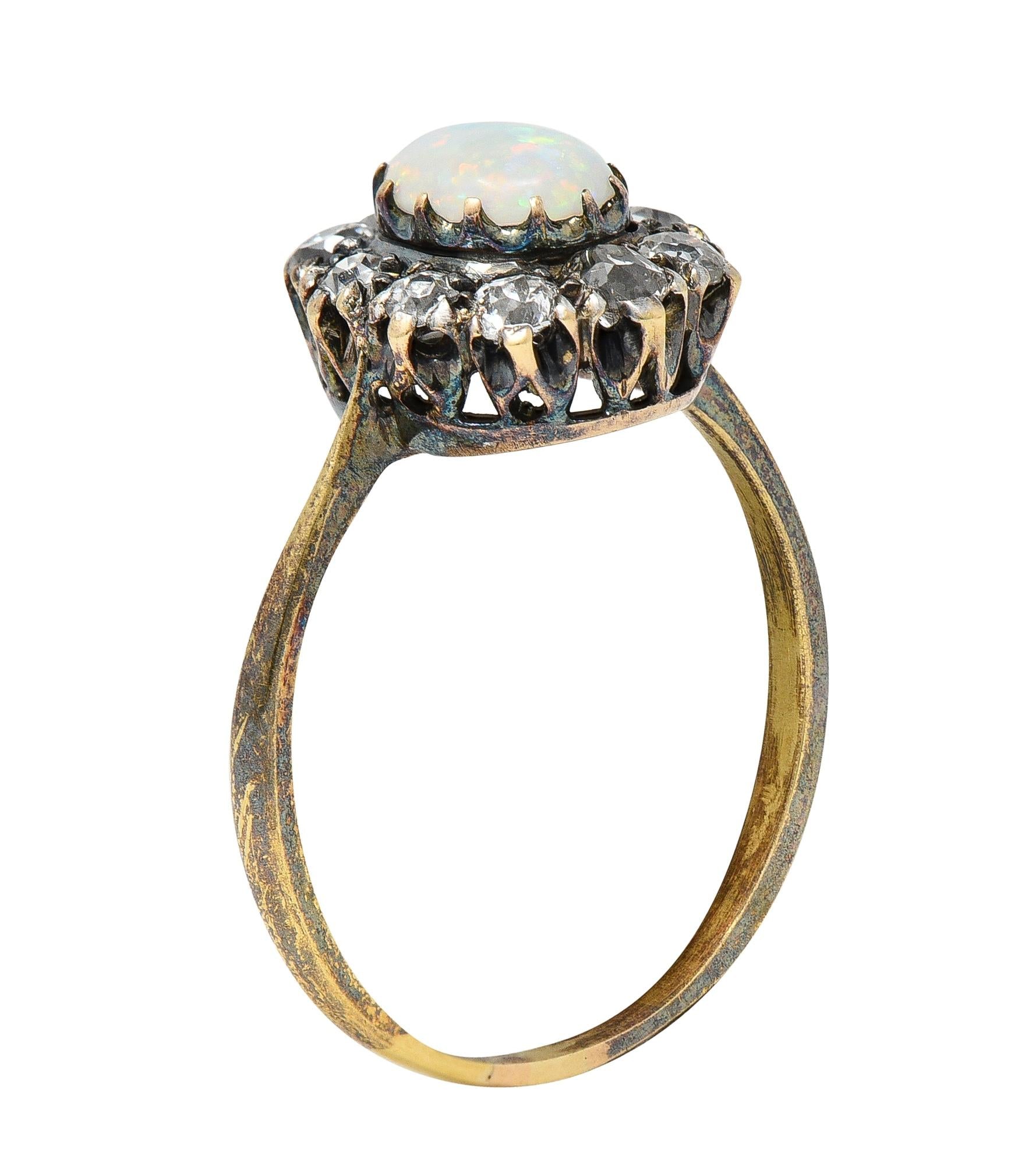 Victorian 0.52 CTW Opal Diamond Silver 14 Karat Gold Antique Halo Ring