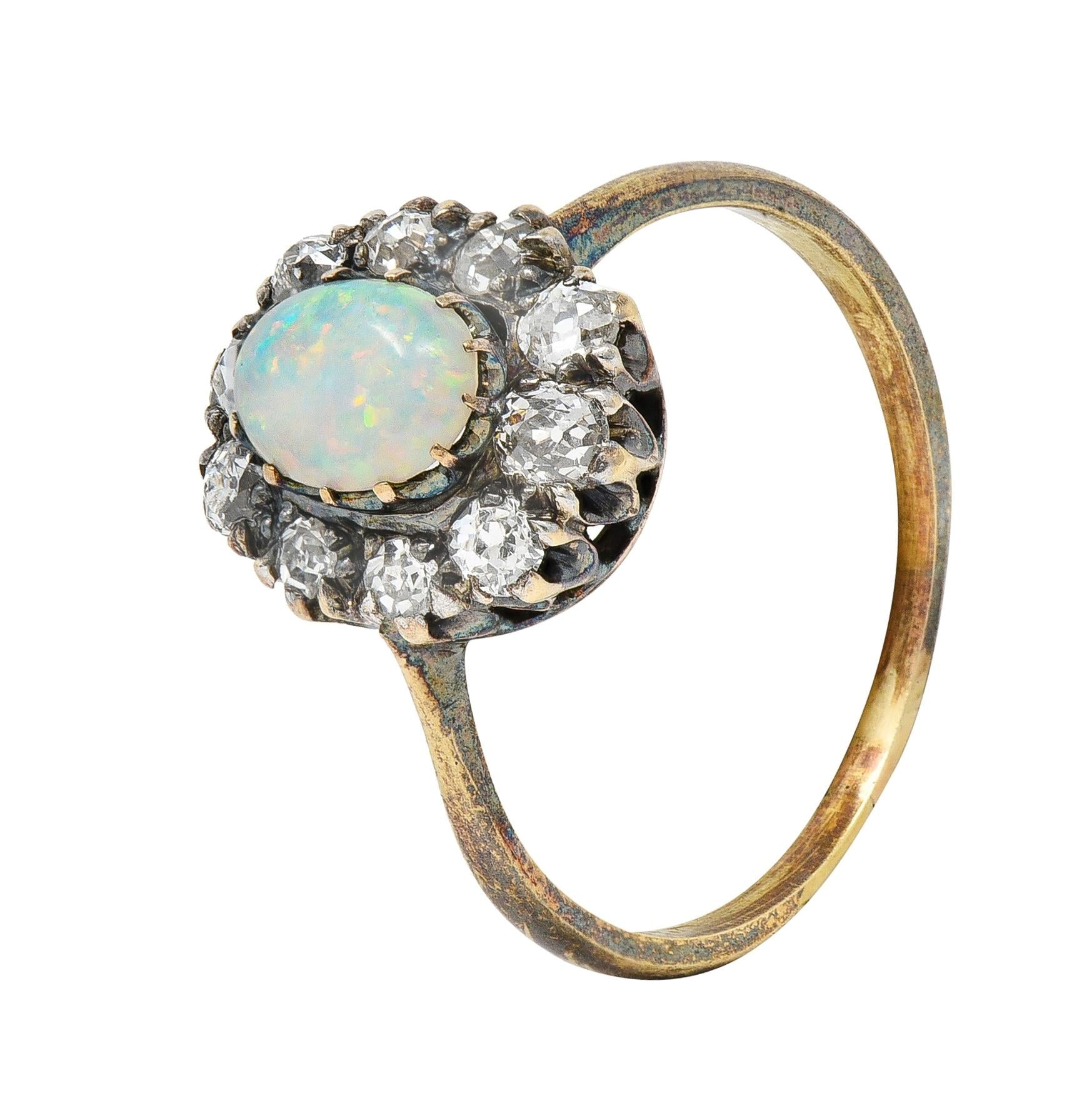 Victorian 0.52 CTW Opal Diamond Silver 14 Karat Gold Antique Halo Ring