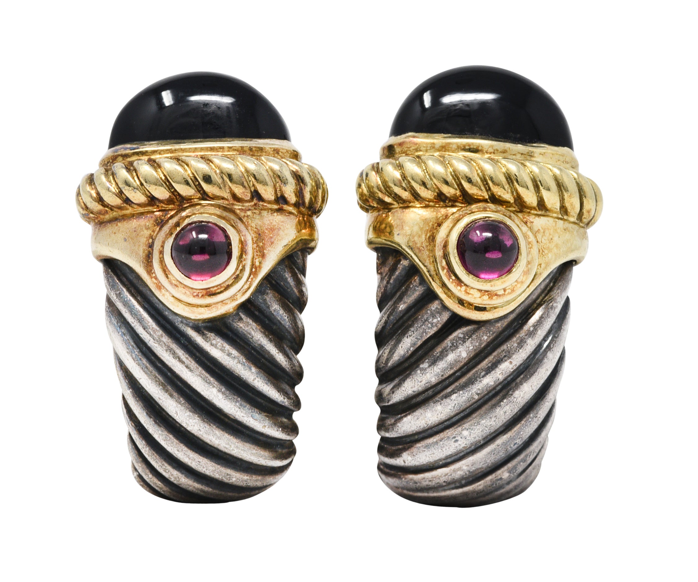 David Yurman Onyx Rubellite Tourmaline 14 Karat Gold Sterling Silver Renaissance J Hoop EarringsEarrings - Wilson's Estate Jewelry