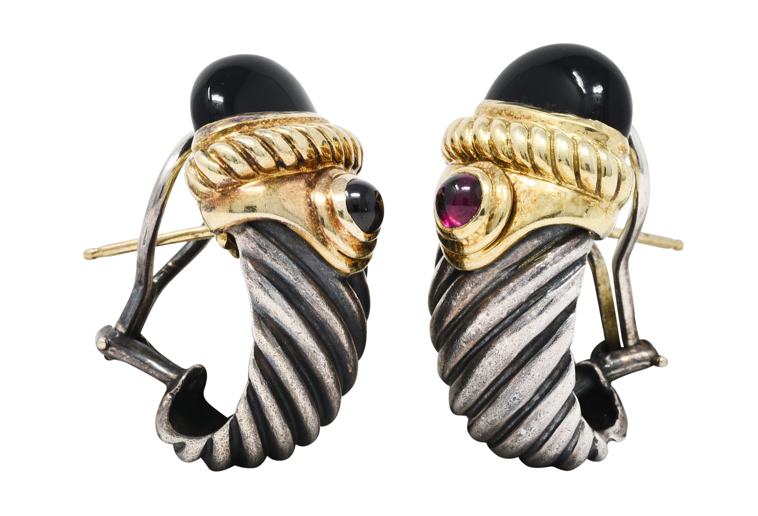 David Yurman Onyx Rubellite Tourmaline 14 Karat Gold Sterling Silver Renaissance J Hoop EarringsEarrings - Wilson's Estate Jewelry