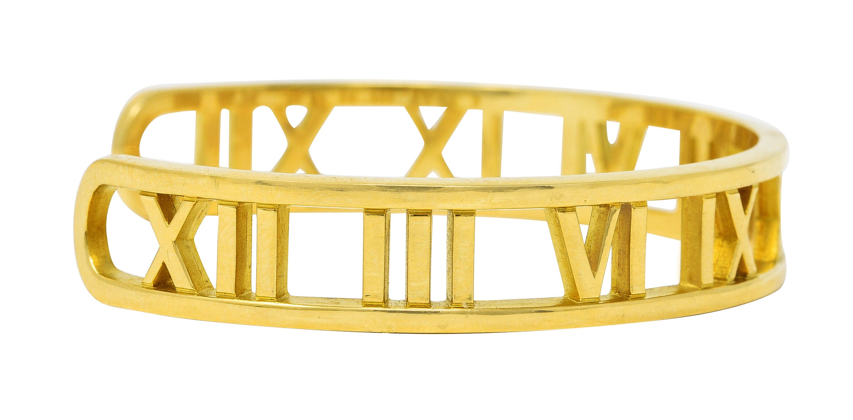 2003 Tiffany & Co. Italy 18 Karat Yellow Gold Roman Numeral Atlas Cuff Bracelet Wilson's Estate Jewelry