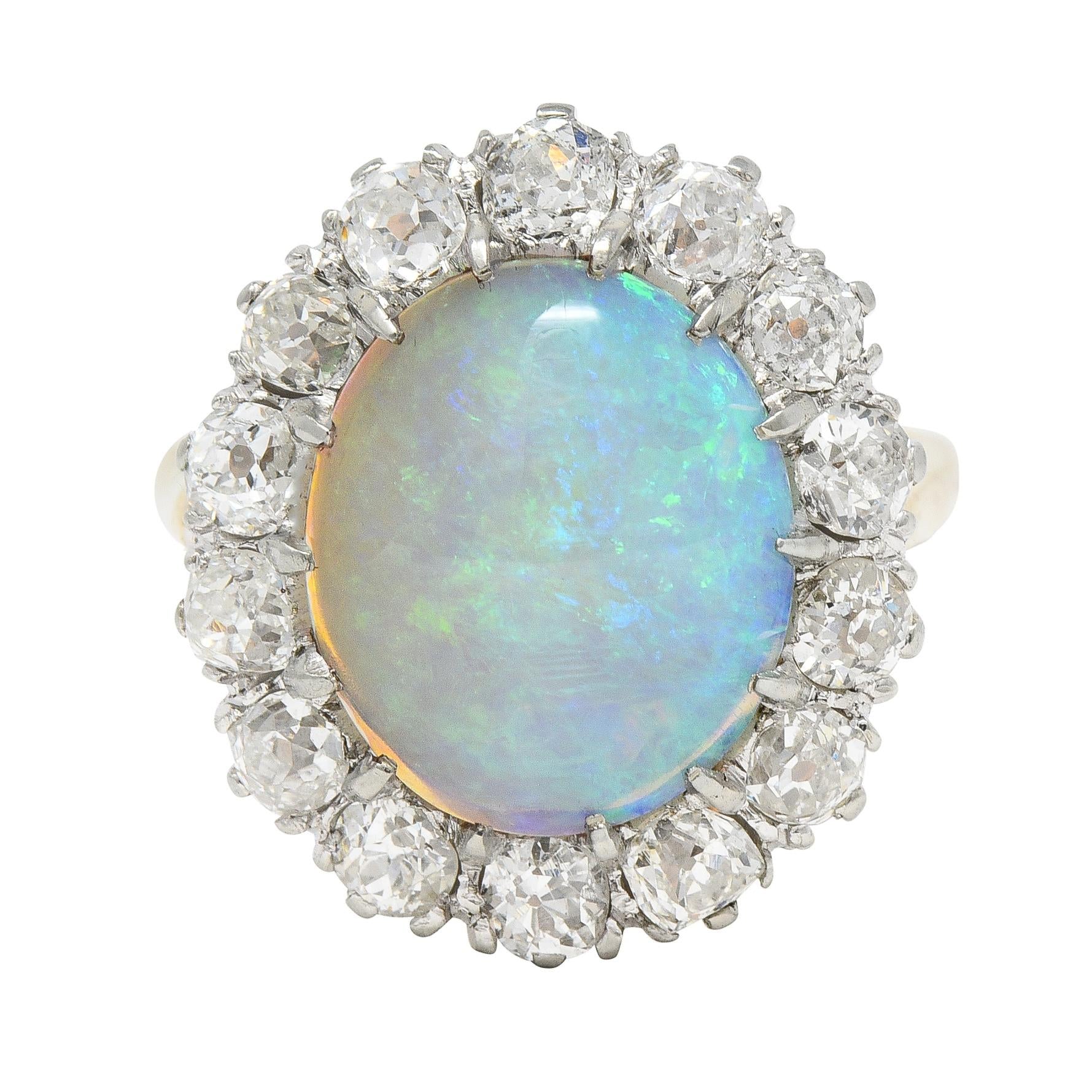 Edwardian Diamond Opal Cabochon 14 Karat Yellow Gold Antique Cluster Ring