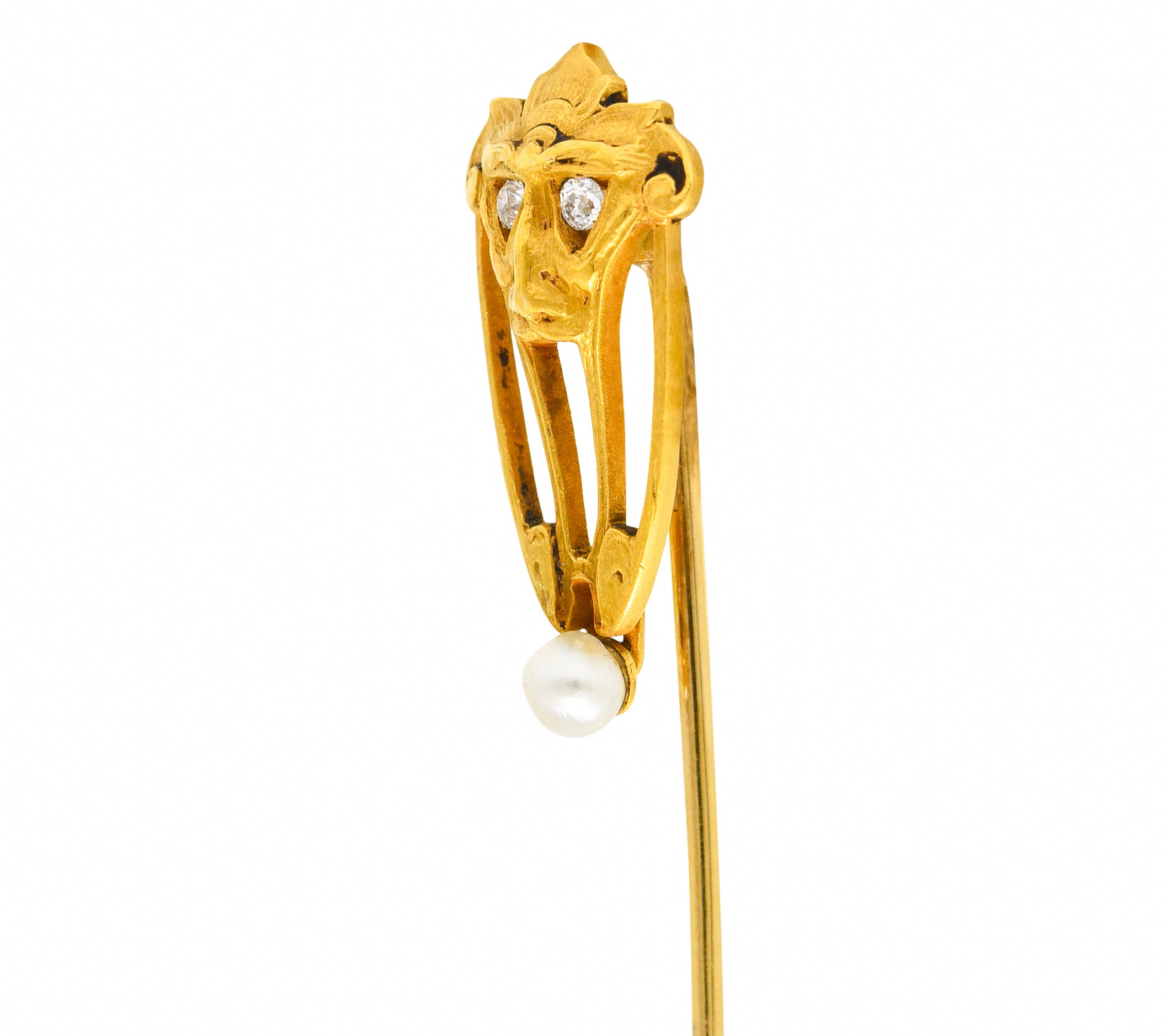 Brassler Co. Art Nouveau Diamond Pearl 14 Karat Yellow Gold Greenman Antique Unisex Stickpin Wilson's Estate Jewelry