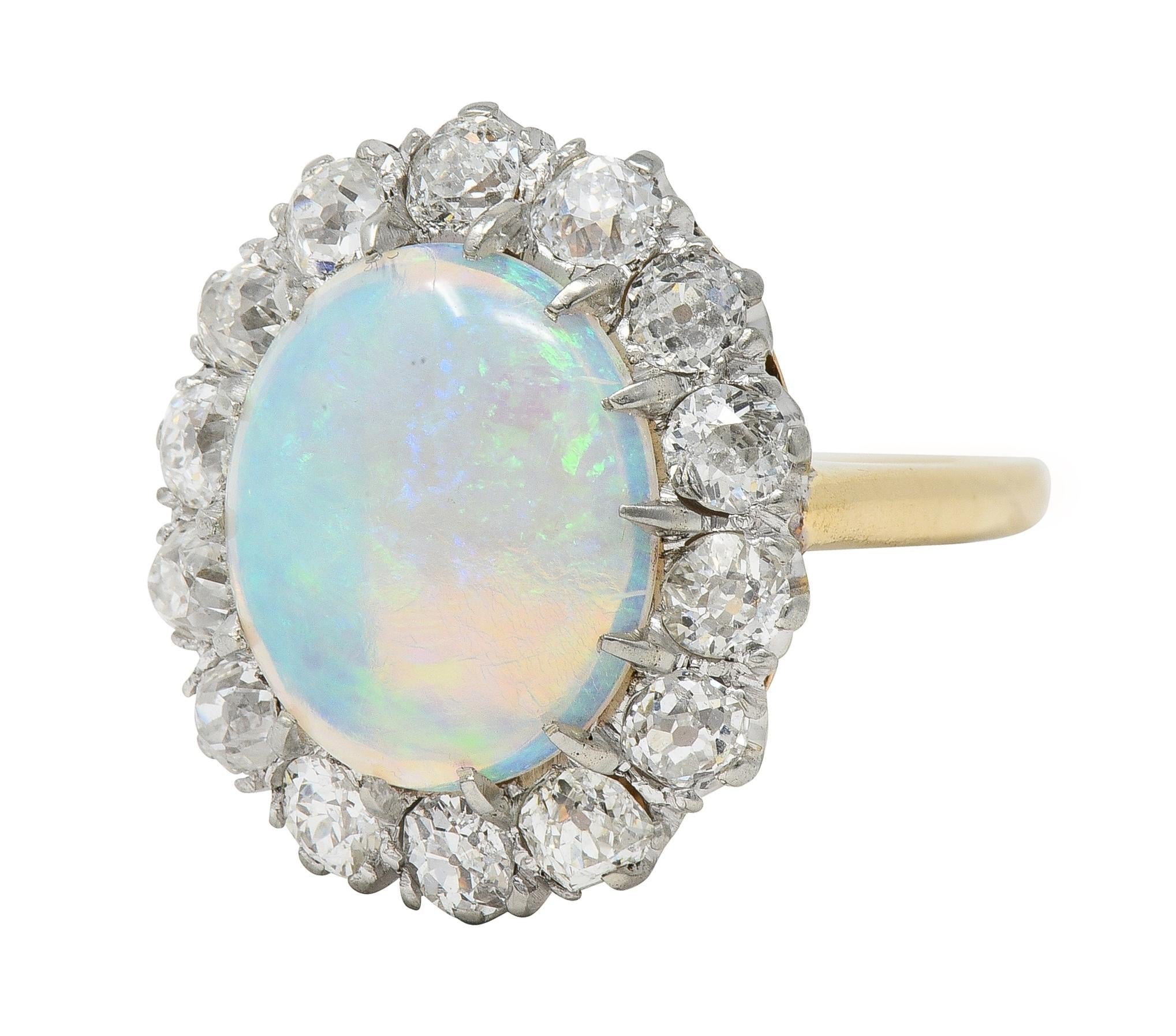 Edwardian Diamond Opal Cabochon 14 Karat Yellow Gold Antique Cluster Ring