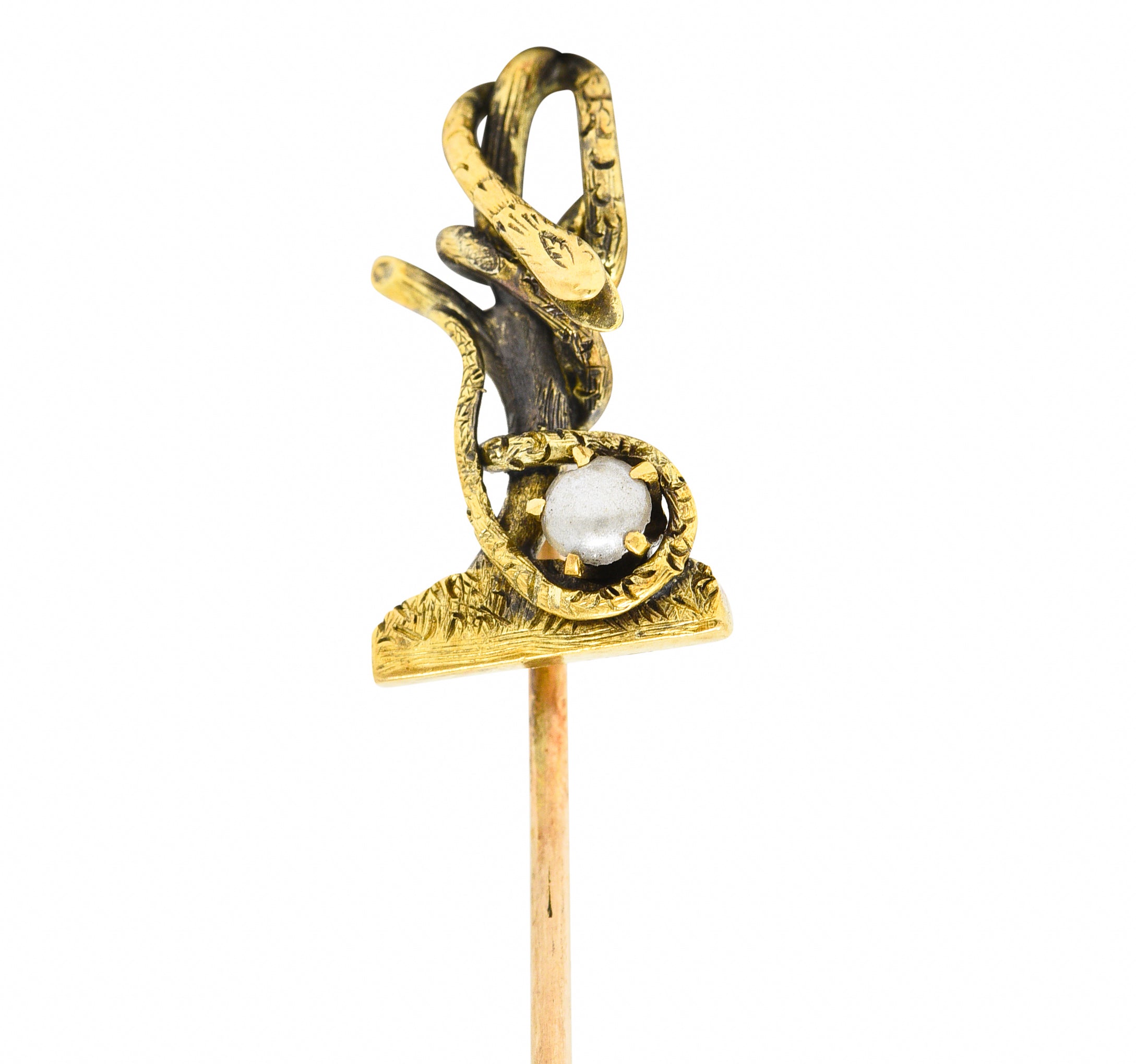 Victorian Pearl 14 Karat Yellow Gold Snake In A Tree Antique Unisex Stickpin Wilson's Estate Jewelry