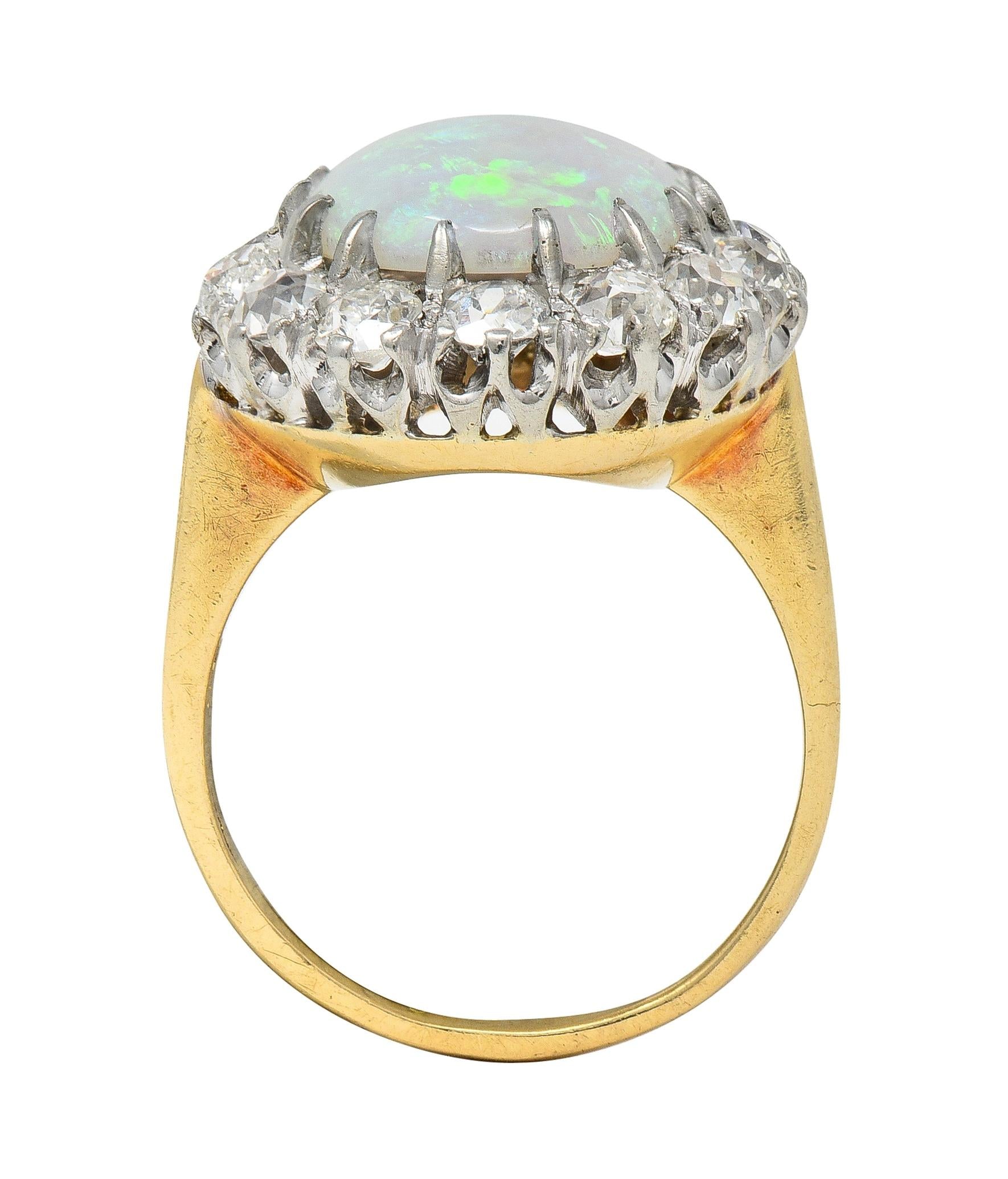 Edwardian Diamond Opal Cabochon 14 Karat Yellow Gold Antique Cluster Ring