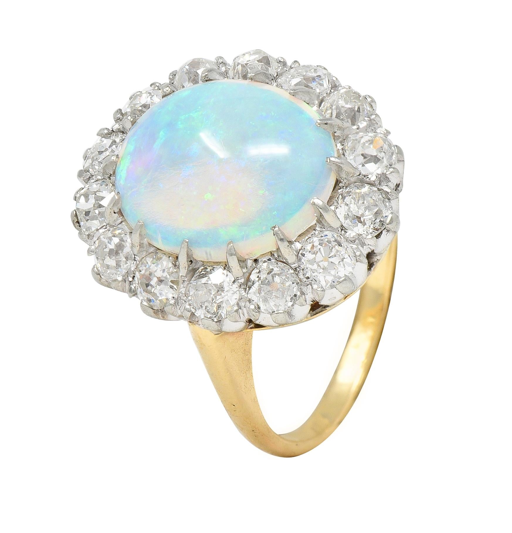 Edwardian Diamond Opal Cabochon 14 Karat Yellow Gold Antique Cluster Ring