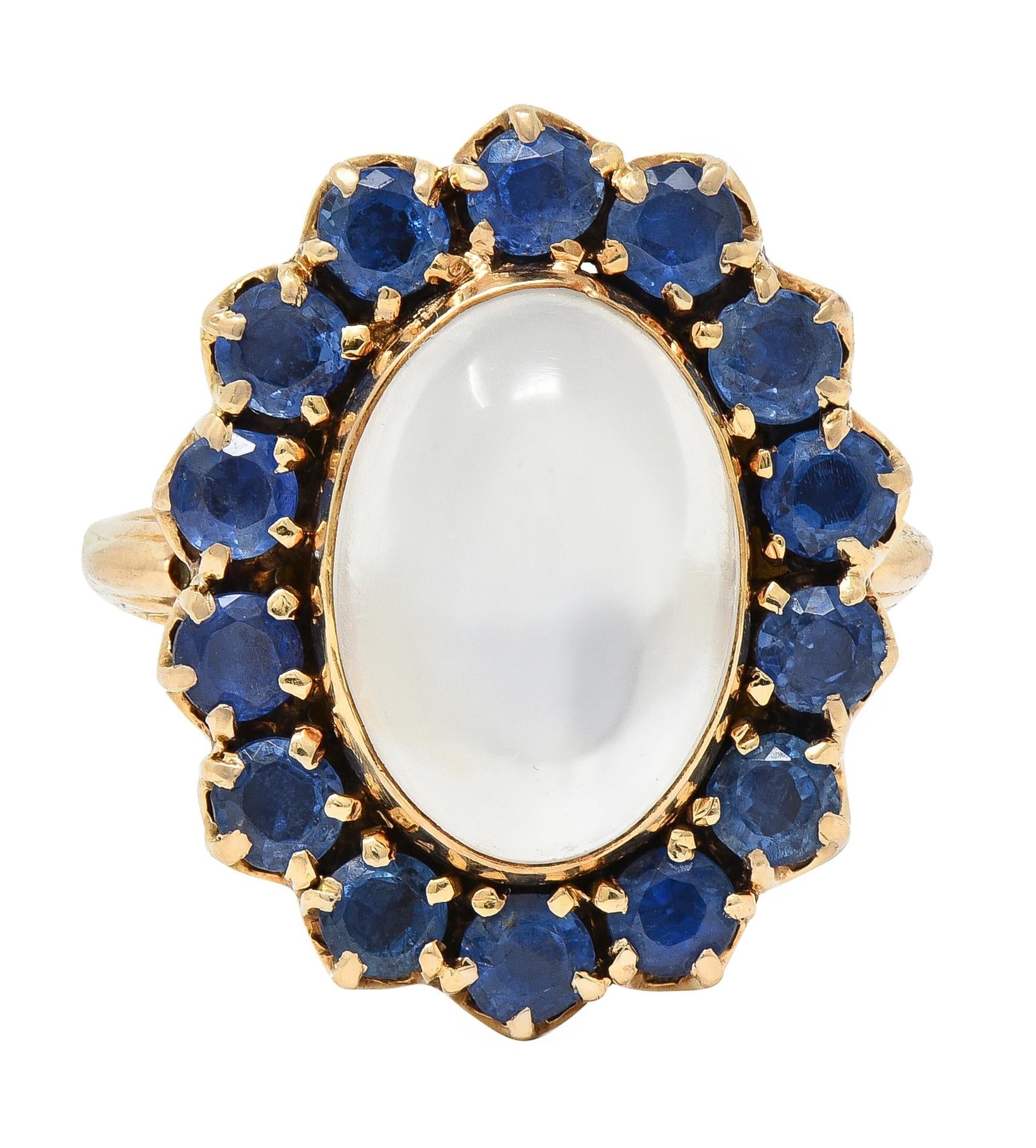 Retro Sapphire Moonstone 14 Karat Gold Vintage Halo Ring