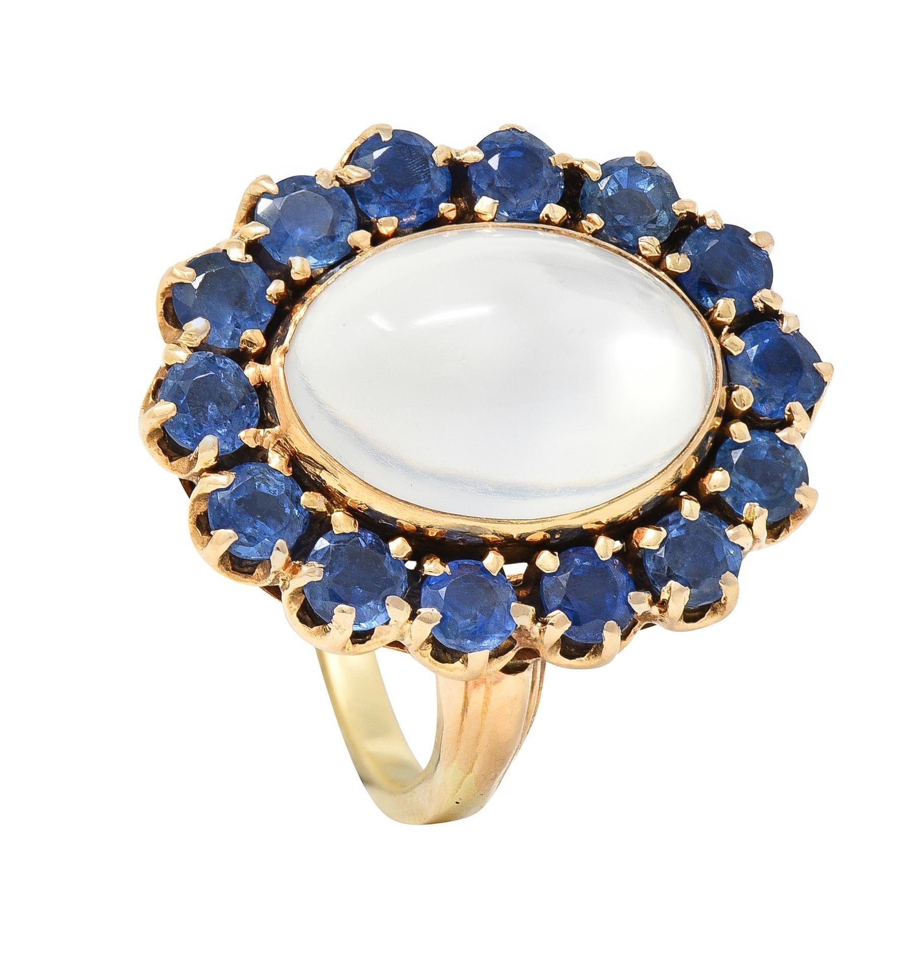 Retro Sapphire Moonstone 14 Karat Gold Vintage Halo Ring