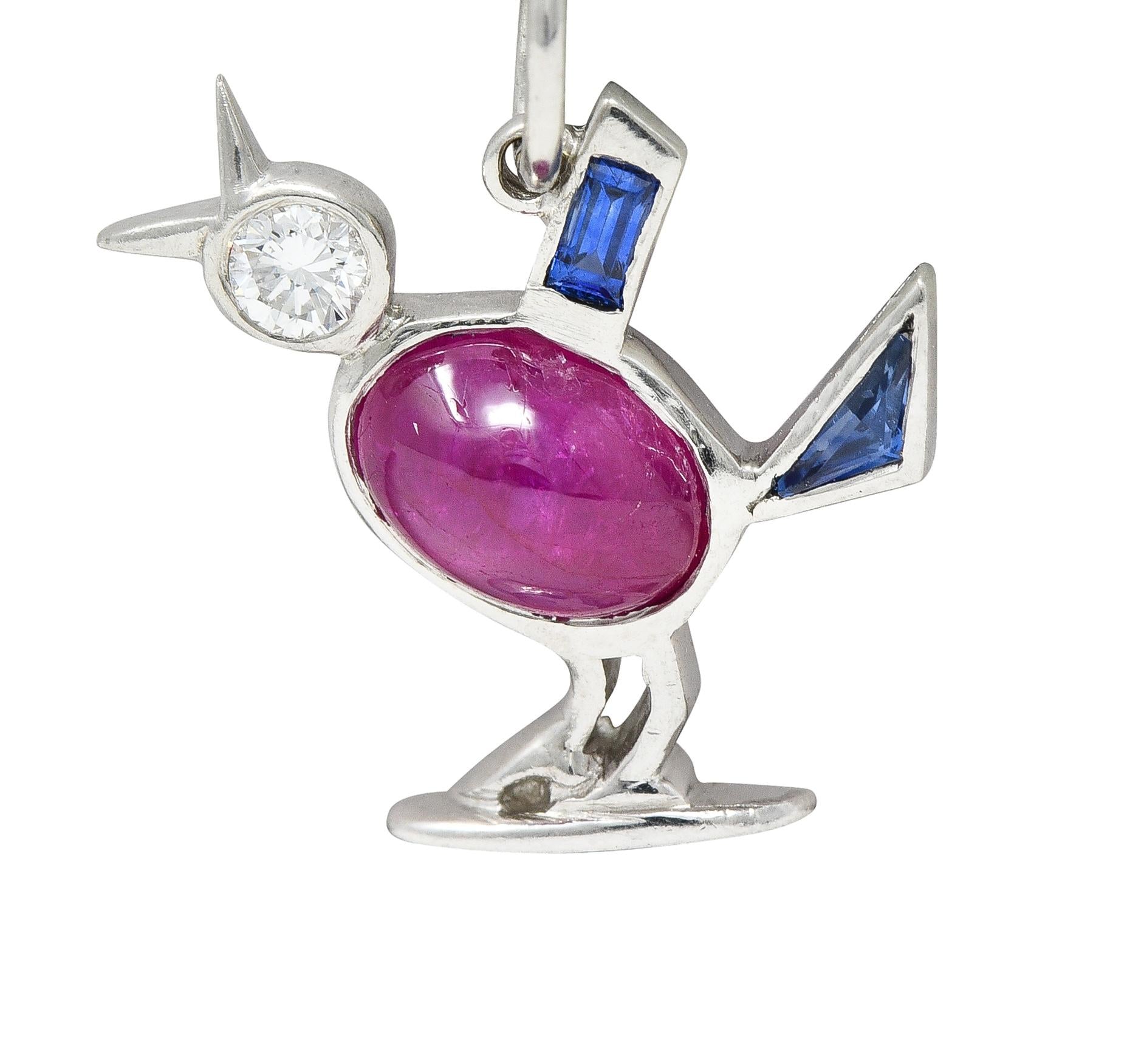 Art Deco 1.75 CTW Ruby Diamond Sapphire Platinum Bird Charm